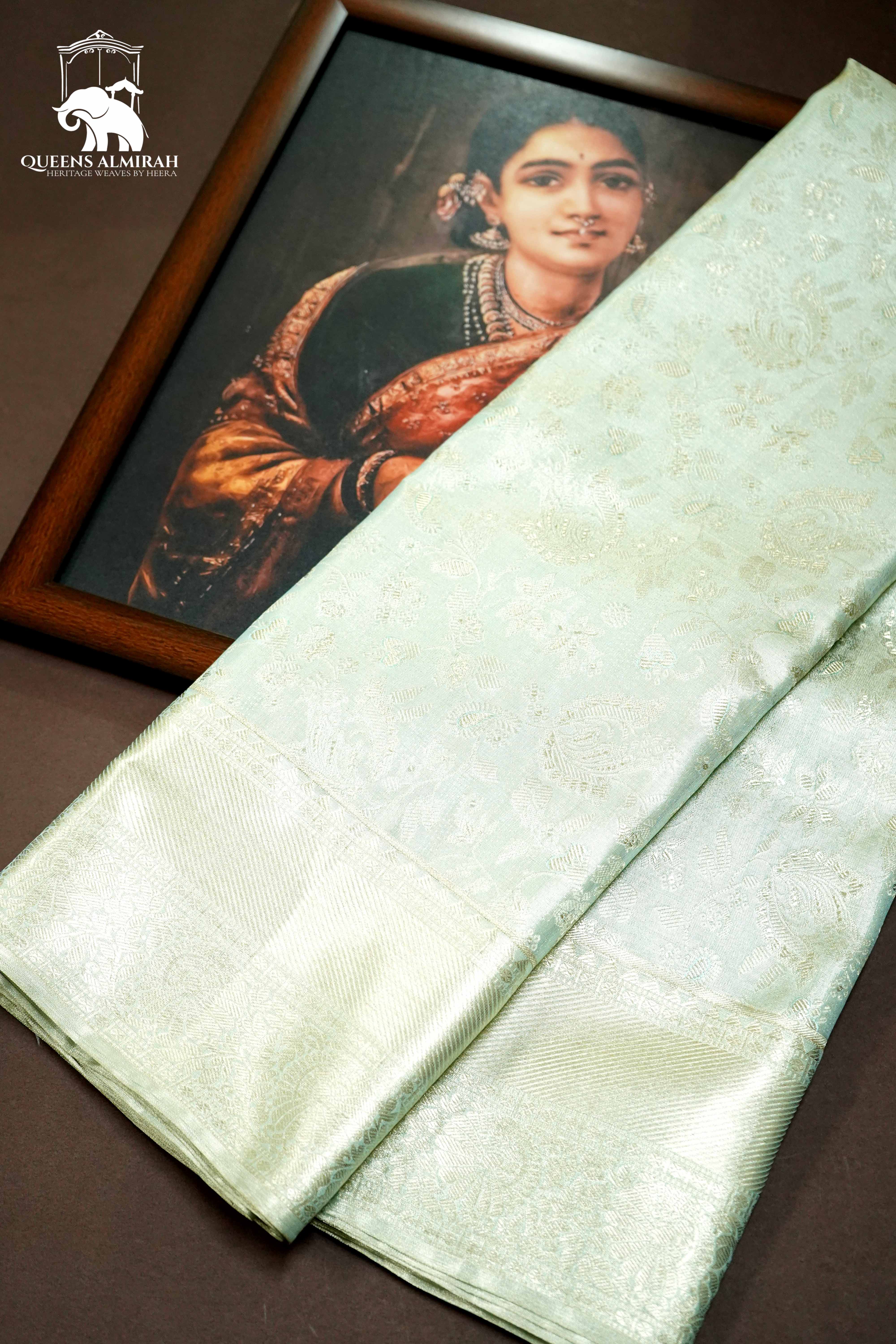 PASTEL GREEN WITH WOVEN BORDER KANCHIVARAM SILK SAREE - Queens Jewel Emporium