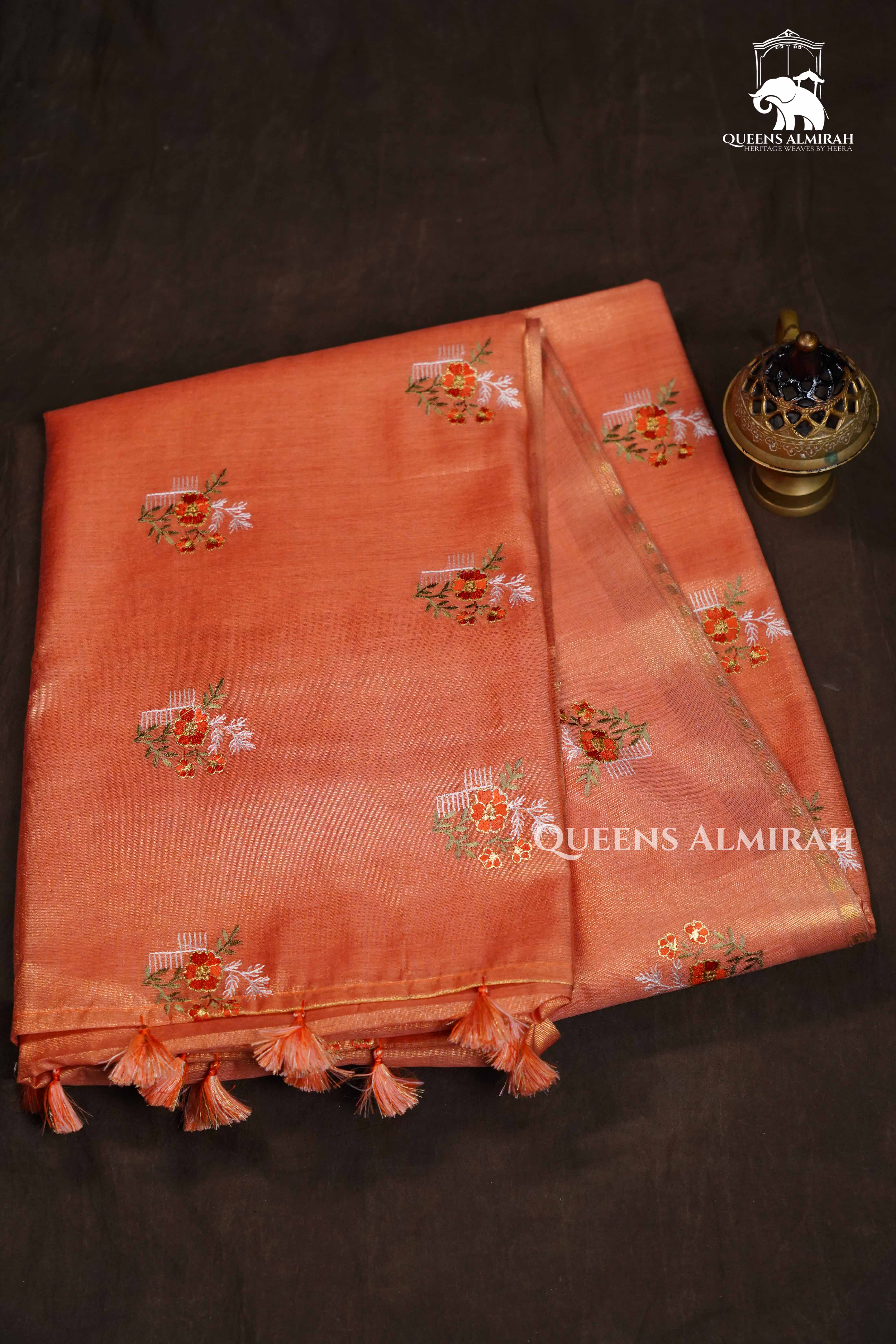 Peach Orange Linen Tissue Saree QUEENS ALMIRAH