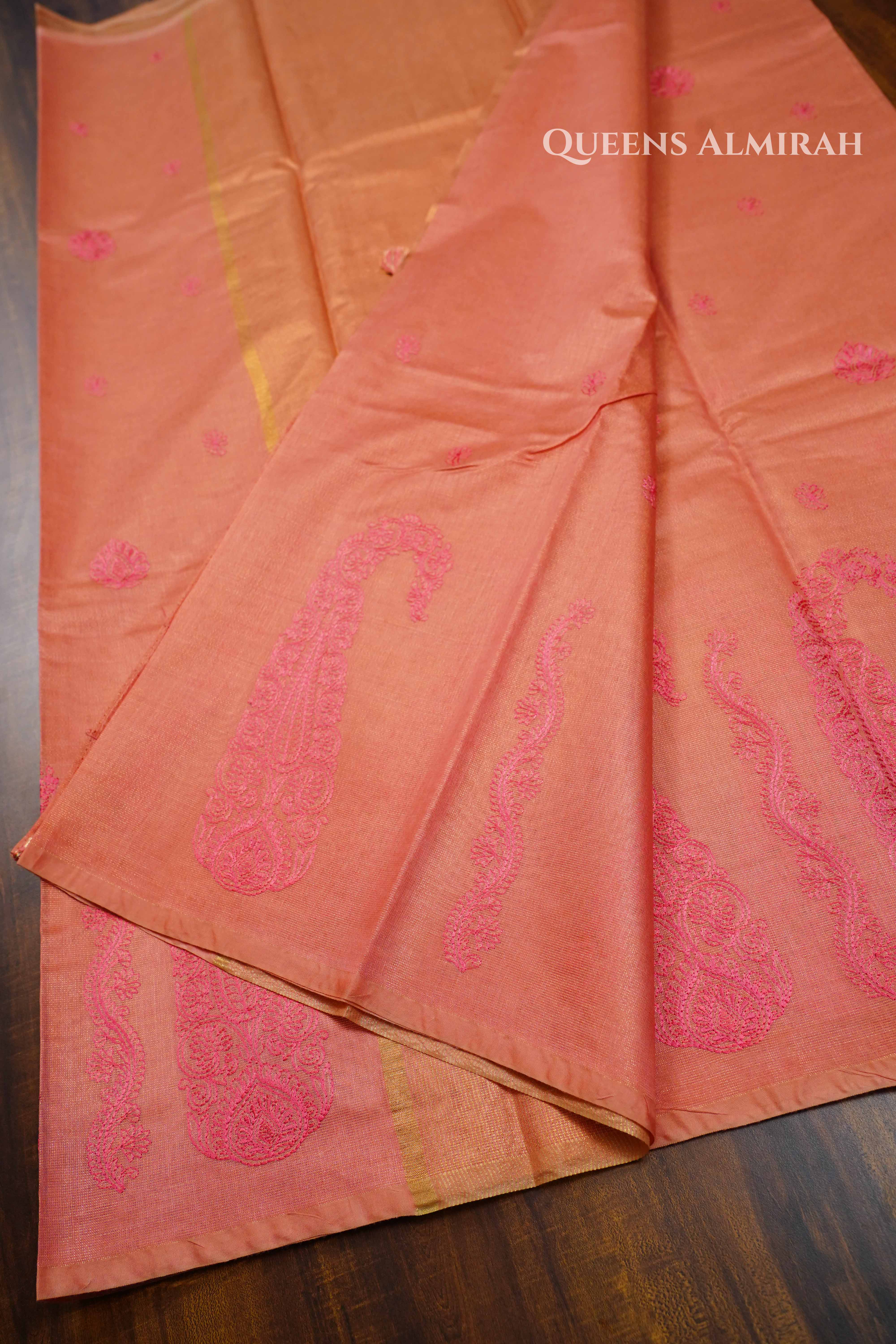 Peach Pink Linen Tissue Saree QUEENS ALMIRAH