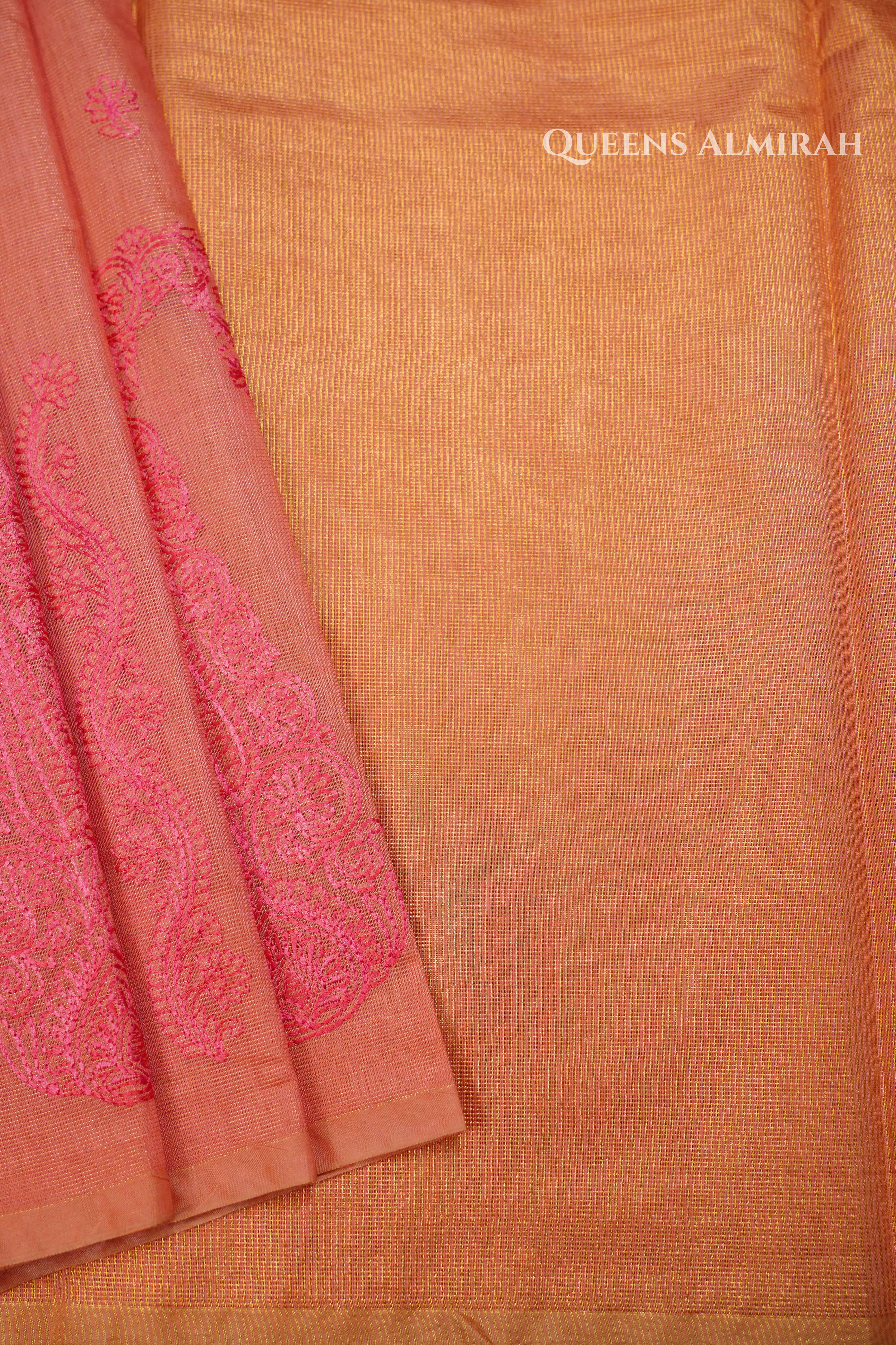 Peach Pink Linen Tissue Saree QUEENS ALMIRAH