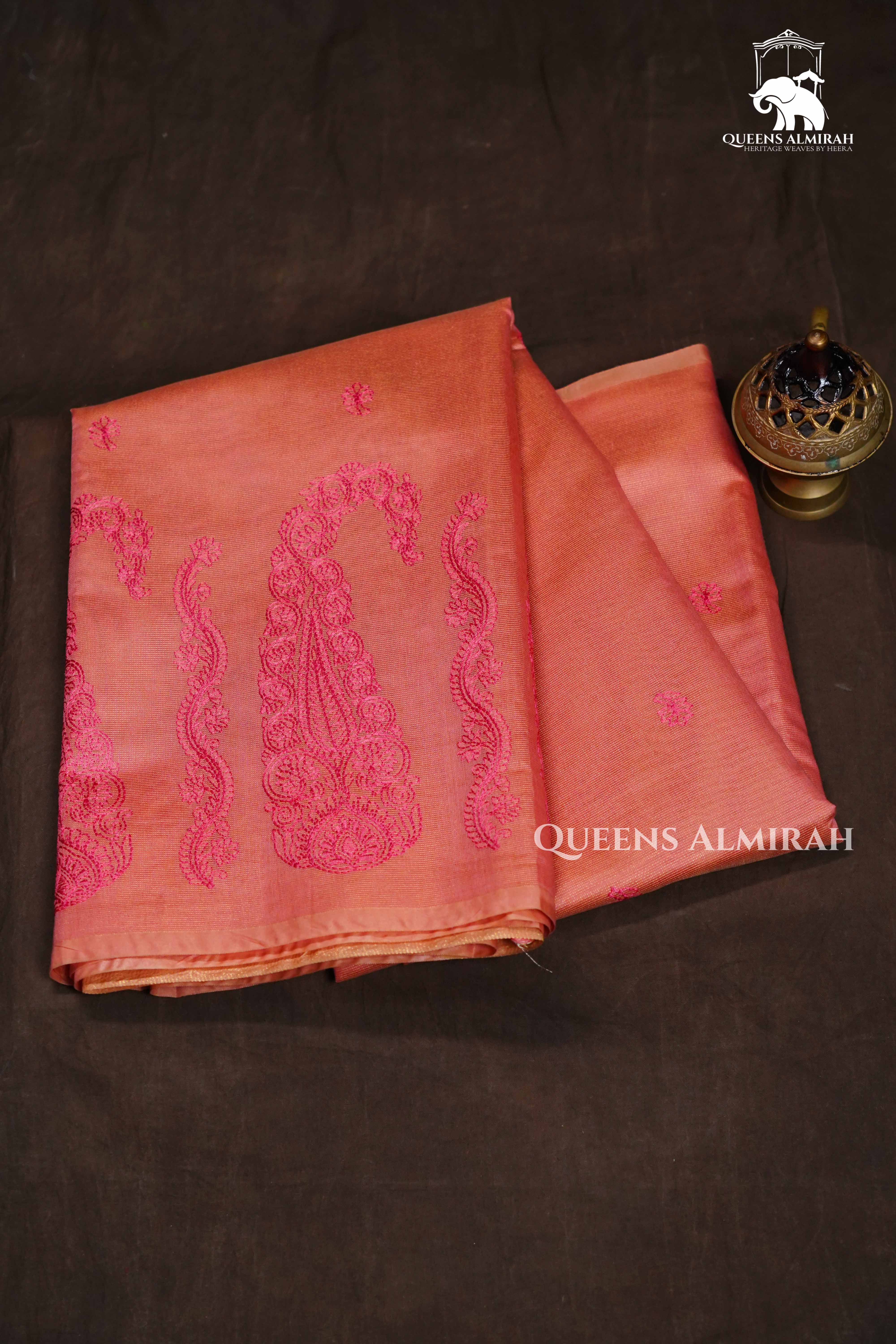 Peach Pink Linen Tissue Saree QUEENS ALMIRAH