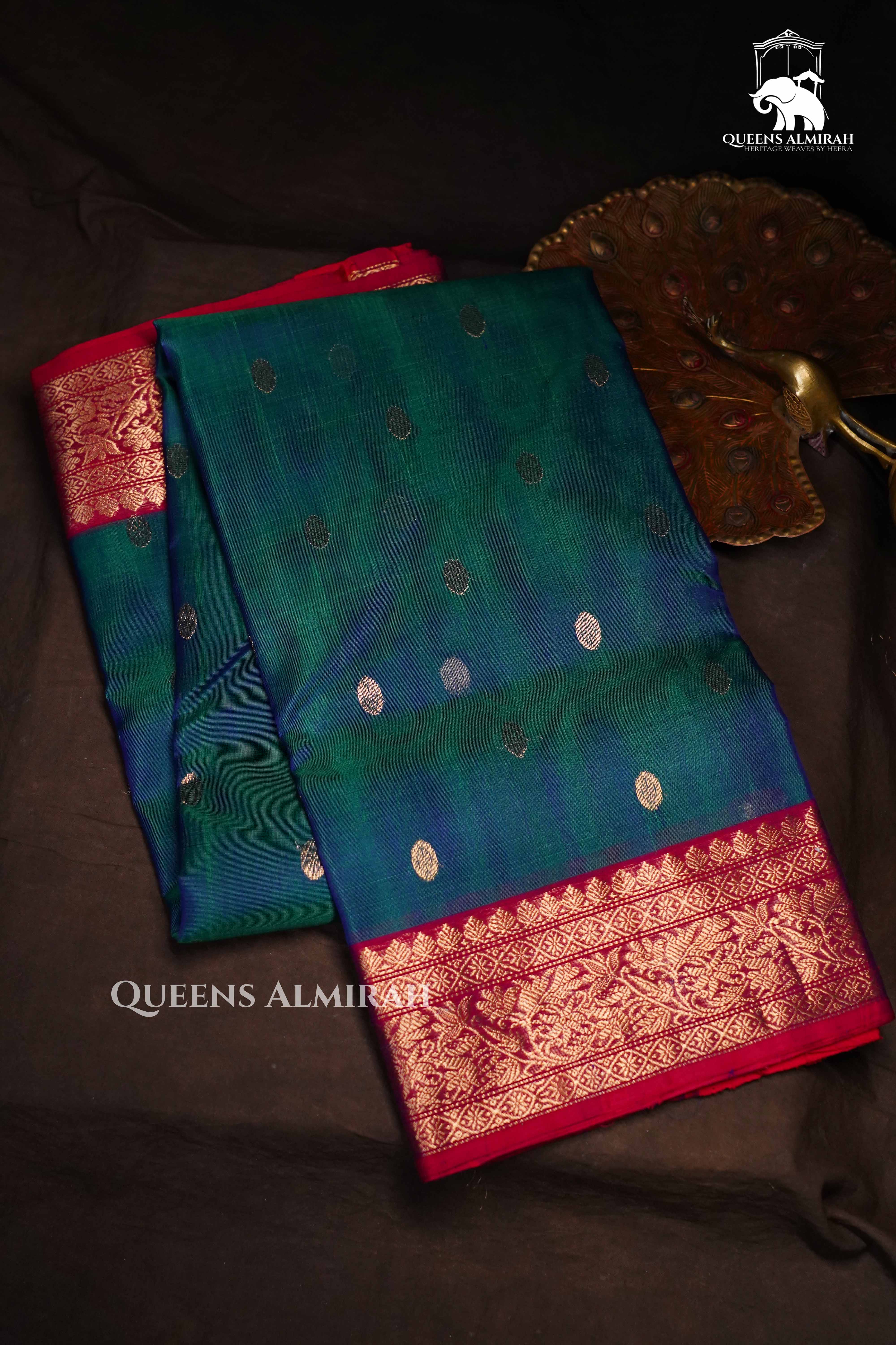 Peacock Blue Chanderi Katan Silk Handloom Saree 2 QUEENS ALMIRAH