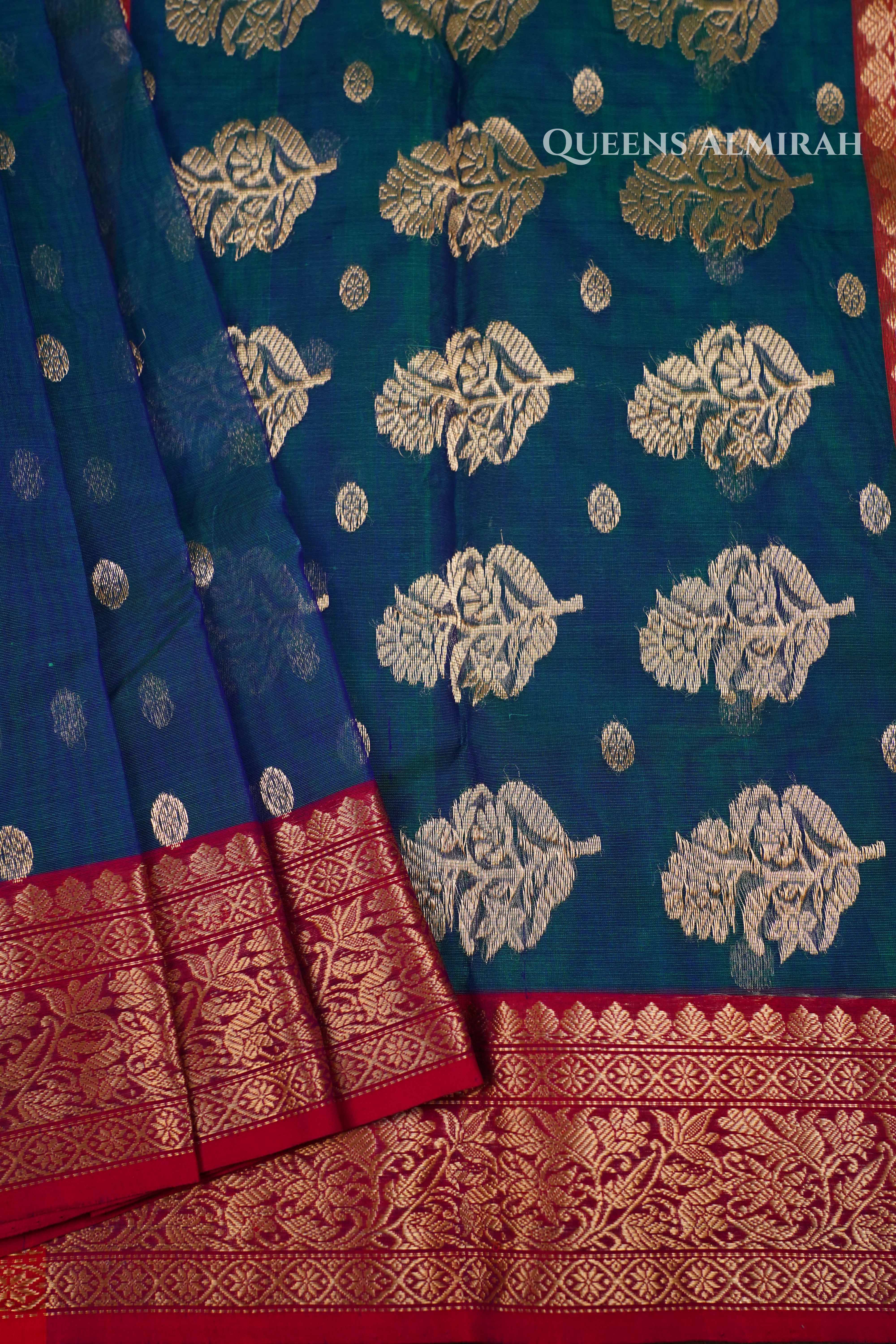 Peacock Blue Chanderi Katan Silk Handloom Saree QUEENS ALMIRAH