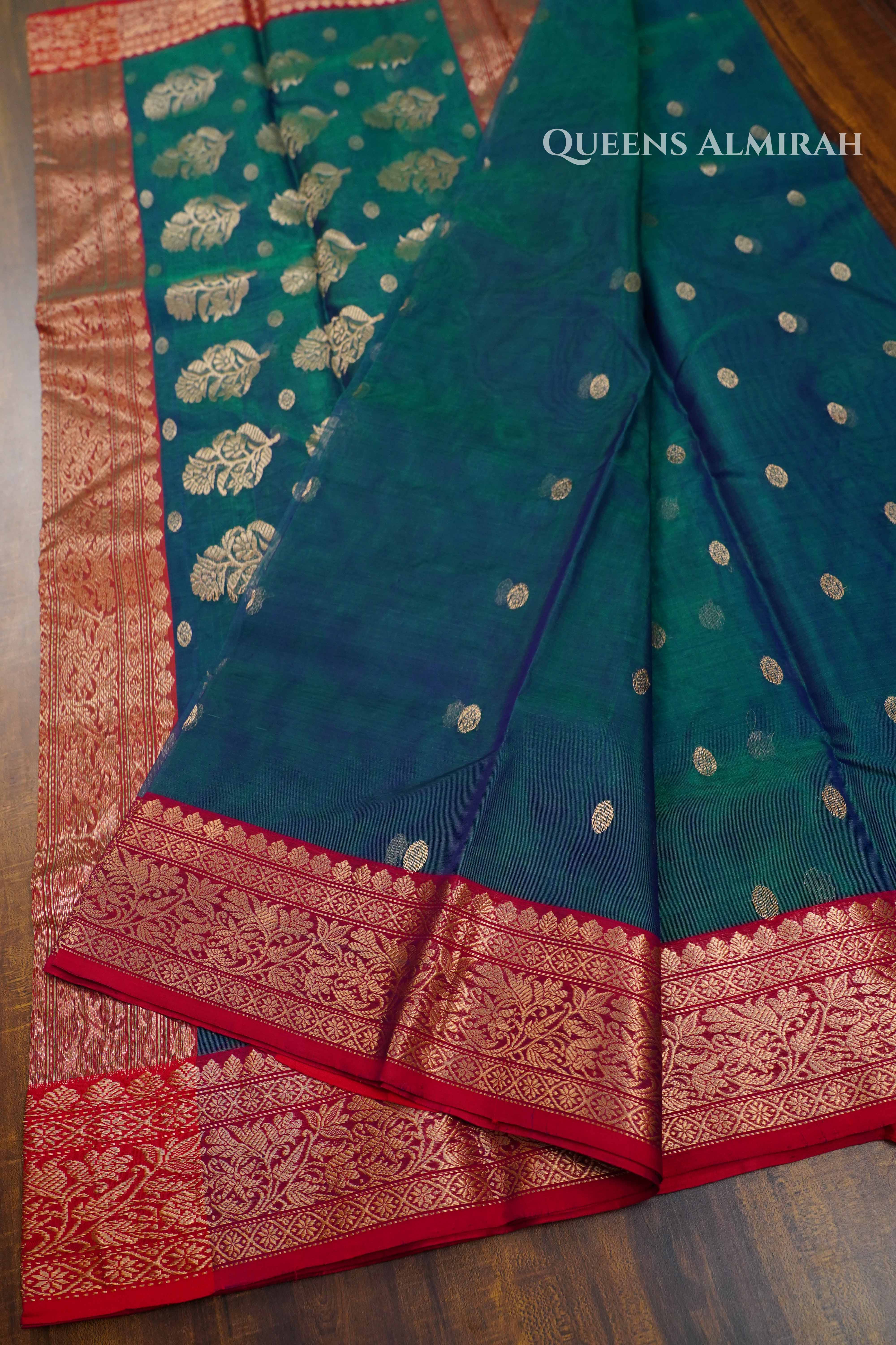 Peacock Blue Chanderi Katan Silk Handloom Saree QUEENS ALMIRAH