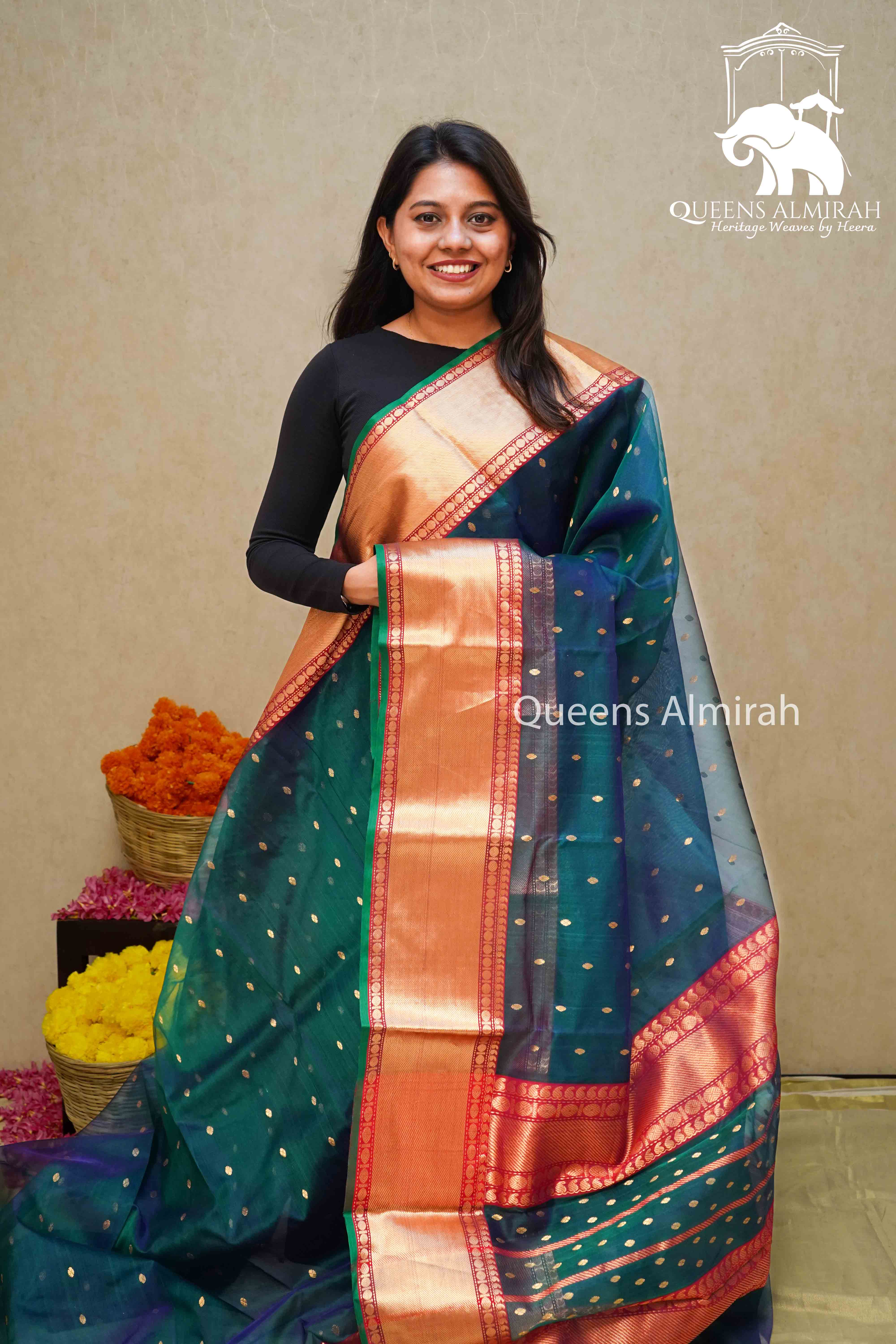 PEACOCK BLUE KATAN HANDLOOM PURE CHANDERI SILK SAREE - Queens Jewel Emporium