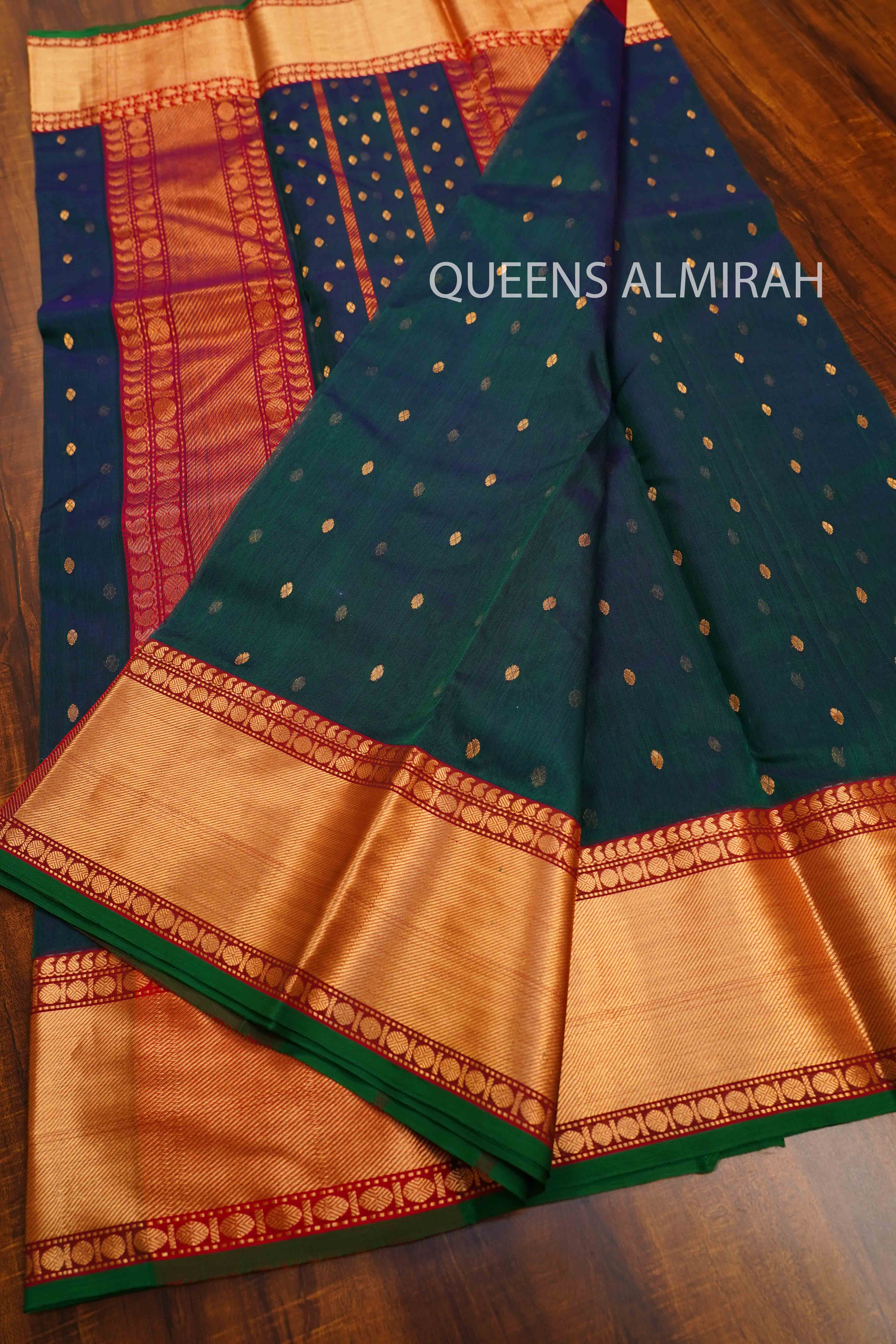 PEACOCK BLUE KATAN HANDLOOM PURE CHANDERI SILK SAREE - Queens Jewel Emporium