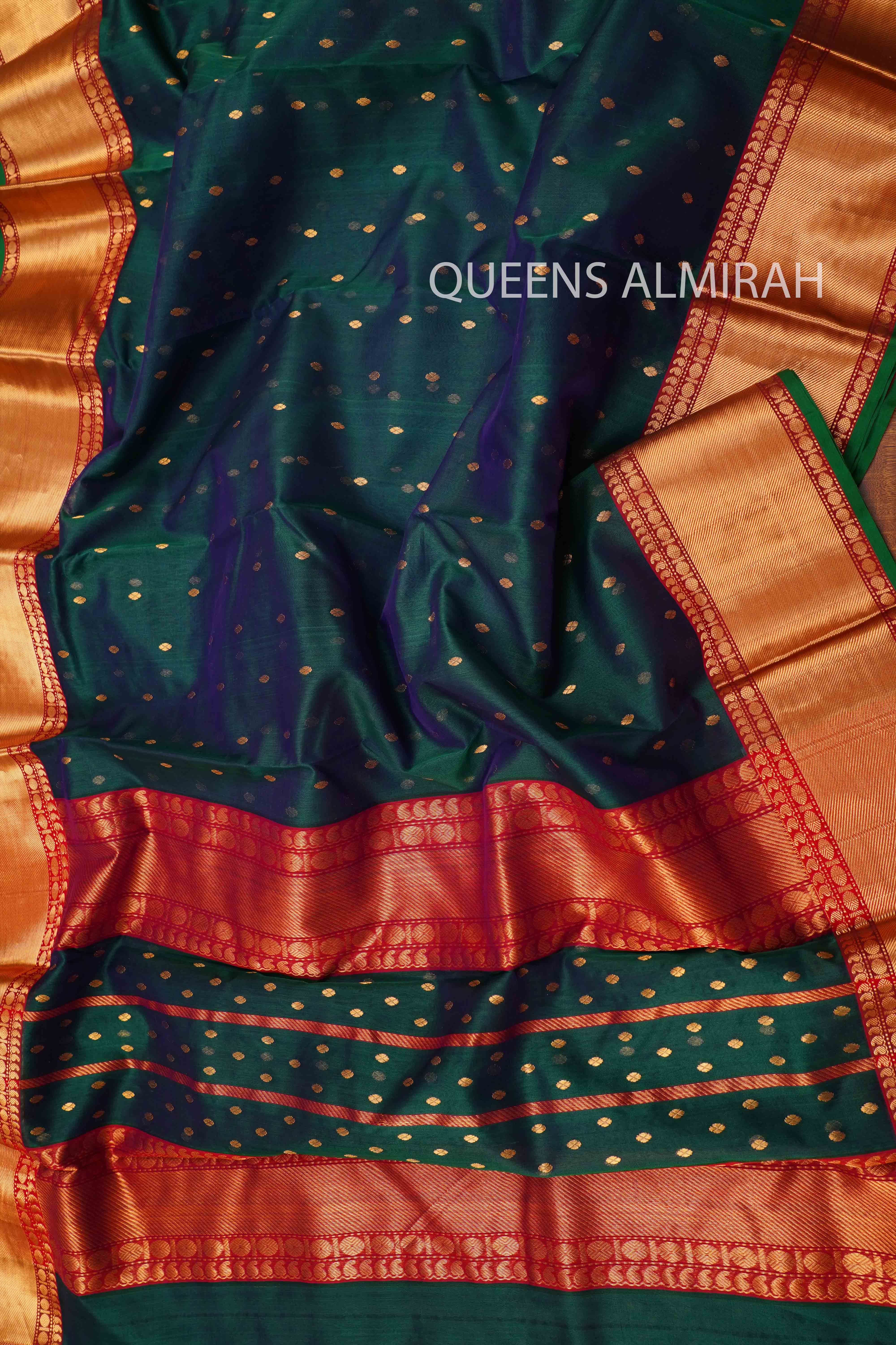 PEACOCK BLUE KATAN HANDLOOM PURE CHANDERI SILK SAREE - Queens Jewel Emporium