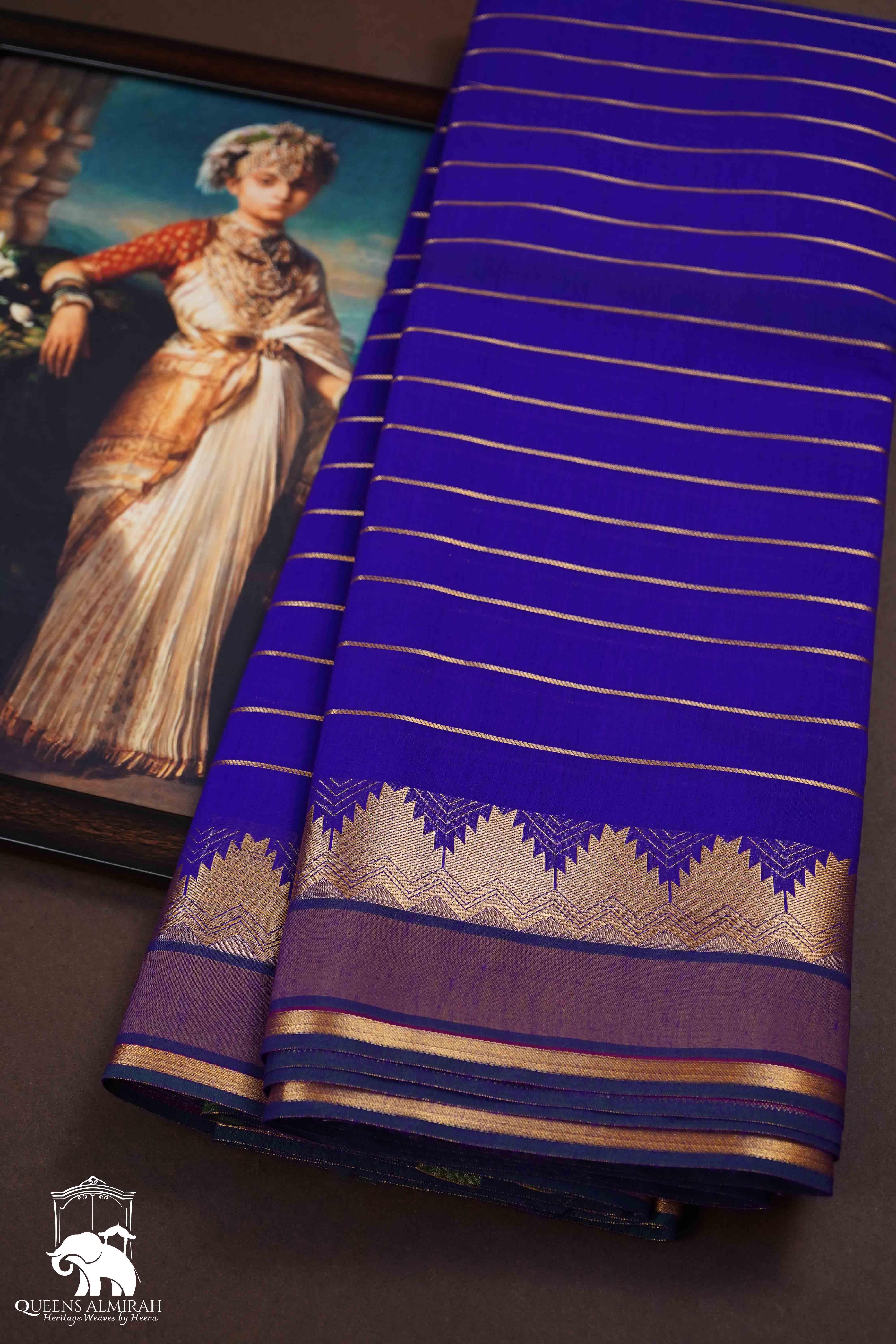 PERSIAN INDIGO PURE SILK COTTON SAREE - Queens Jewel Emporium