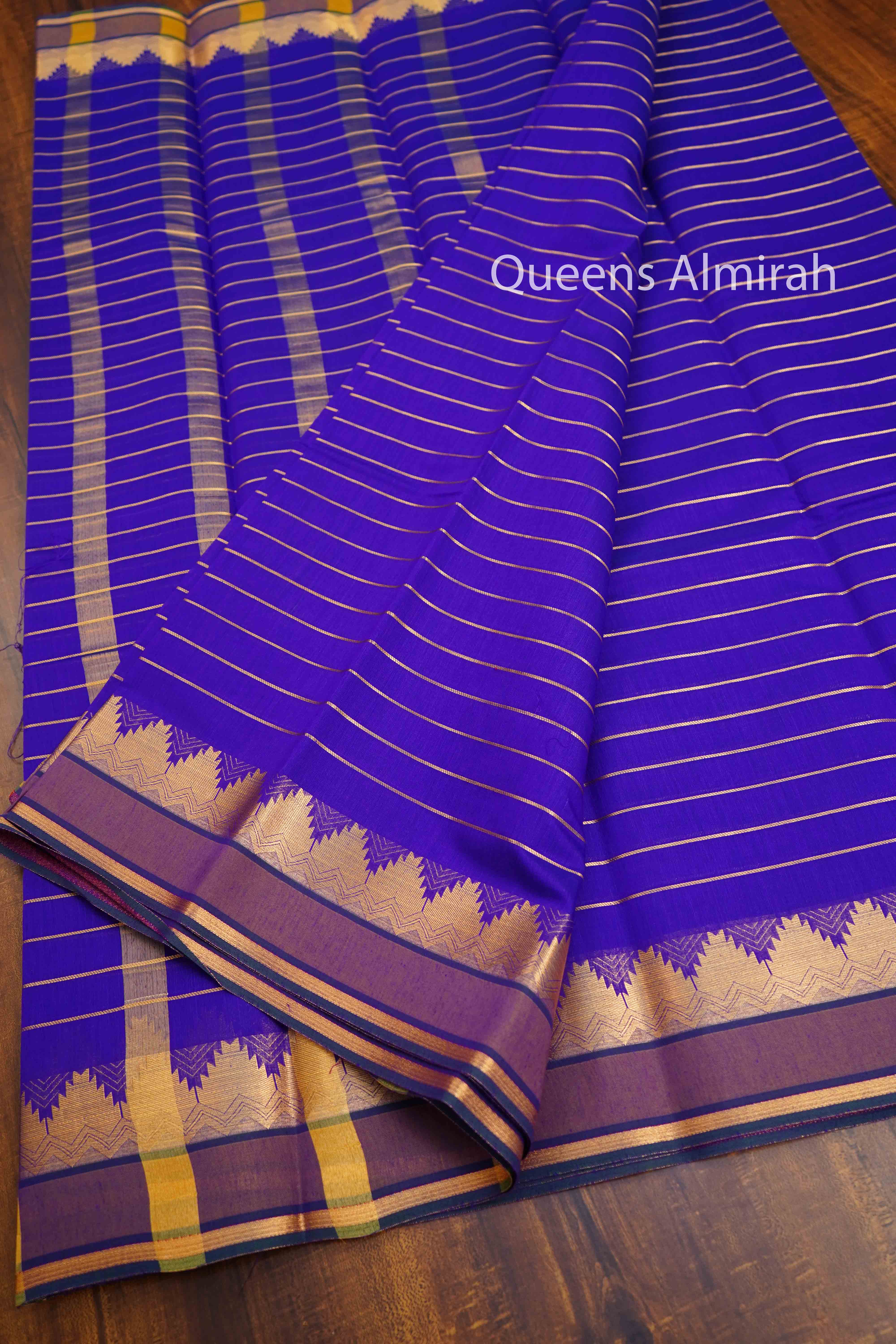 PERSIAN INDIGO PURE SILK COTTON SAREE - Queens Jewel Emporium