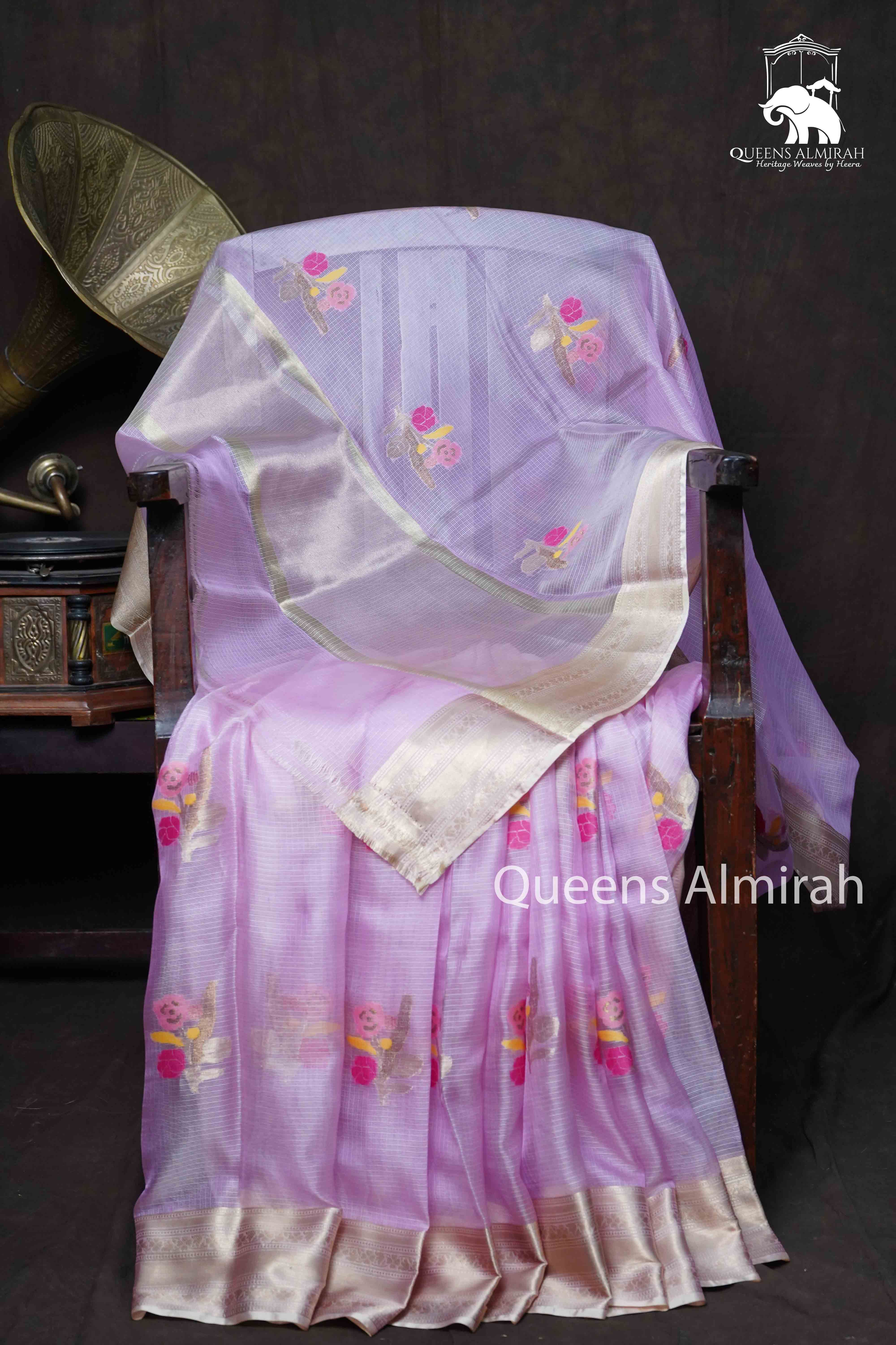 Pink Grey Pure Kota Silk Saree - Queens Jewel Emporium