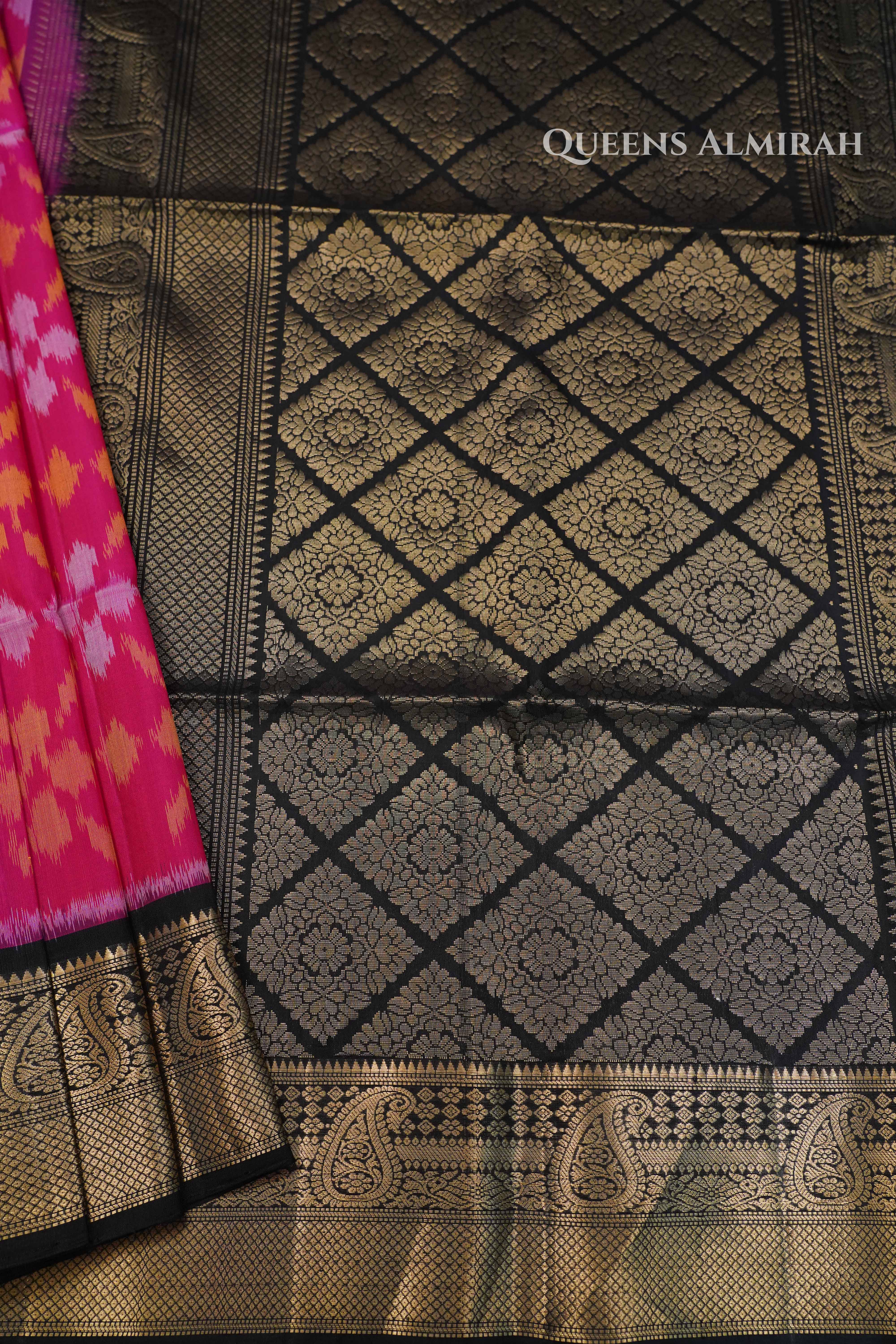 Pink With Black Pure Soft Silk Saree QUEENS ALMIRAH