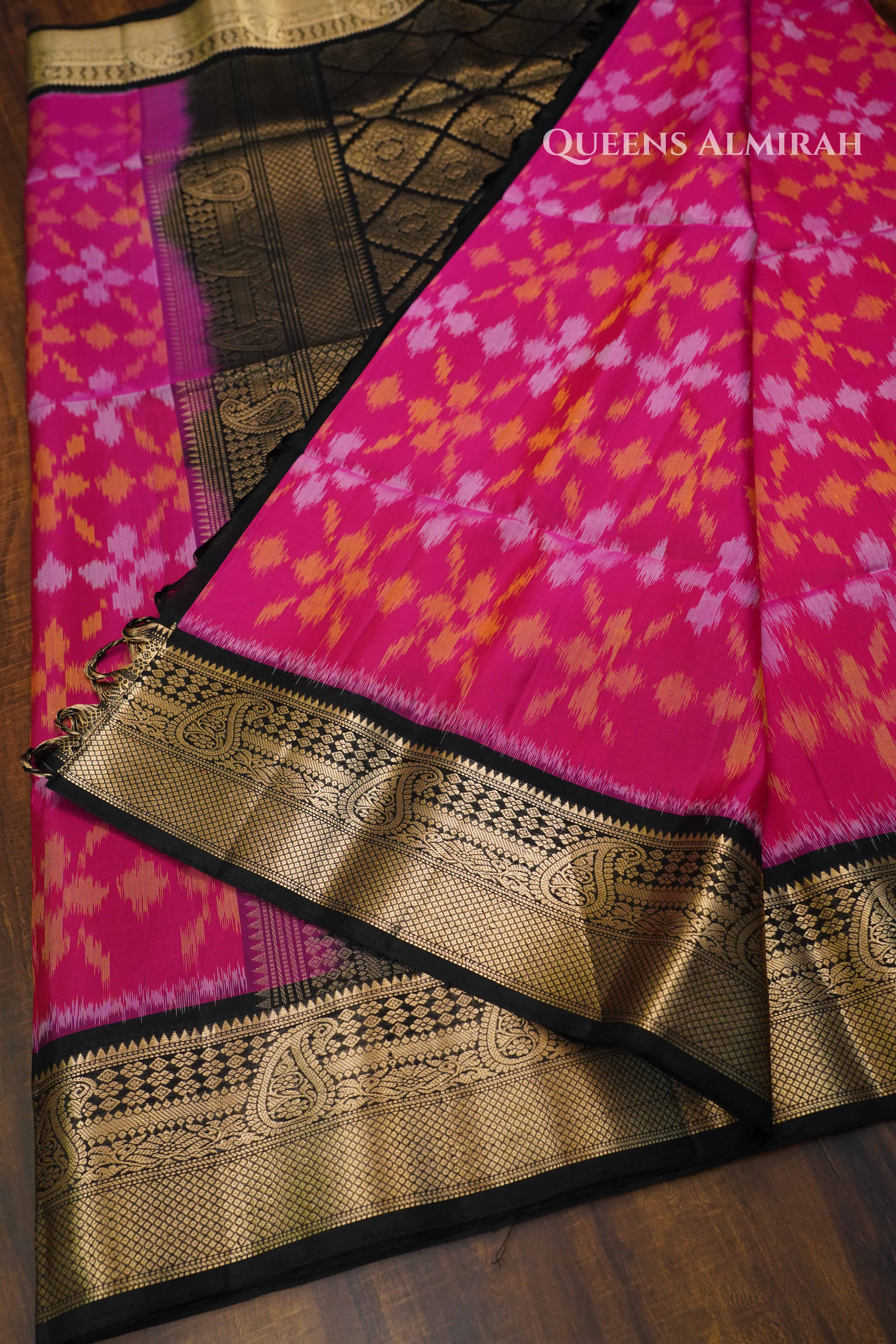 Pink With Black Pure Soft Silk Saree QUEENS ALMIRAH