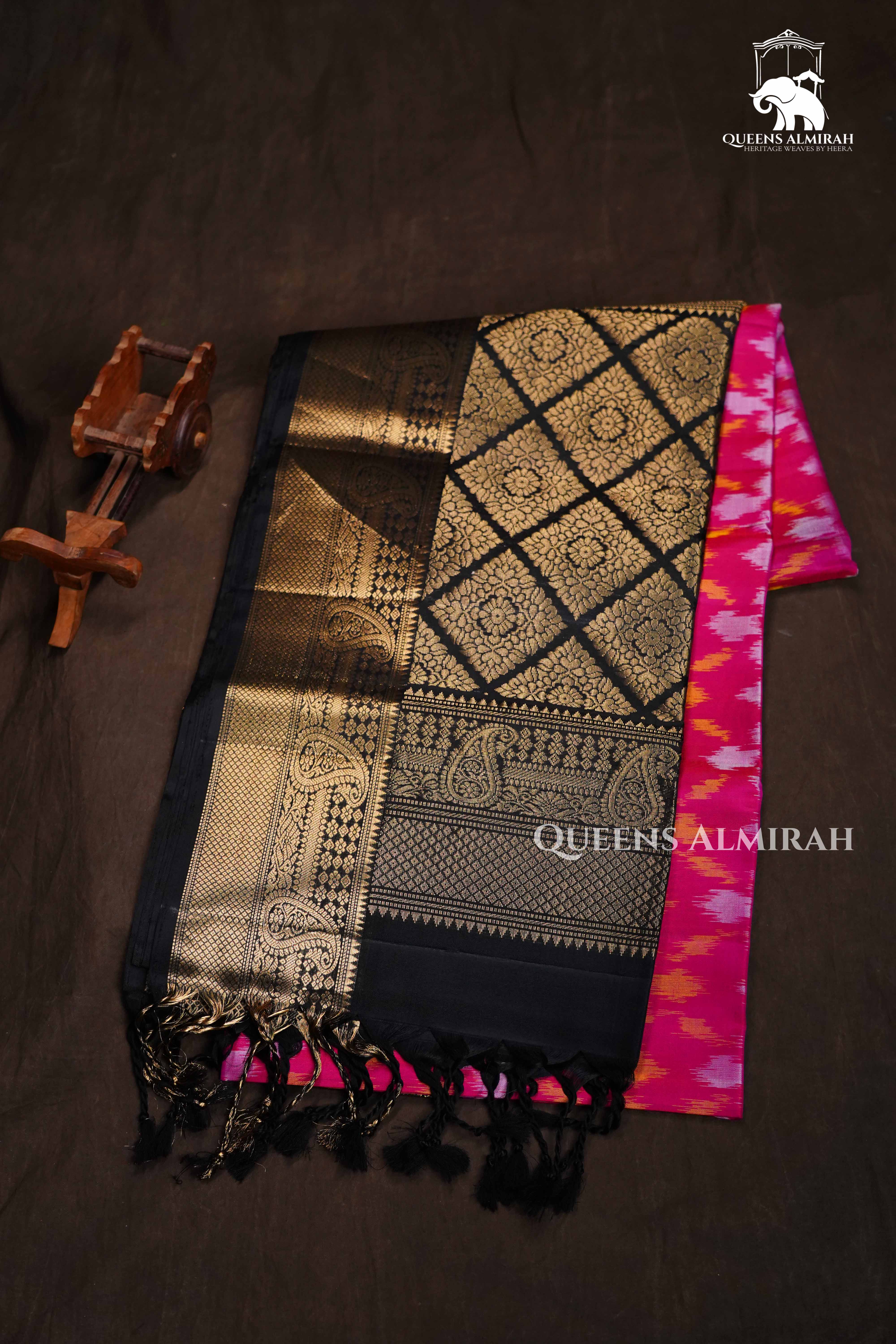 Pink With Black Pure Soft Silk Saree QUEENS ALMIRAH