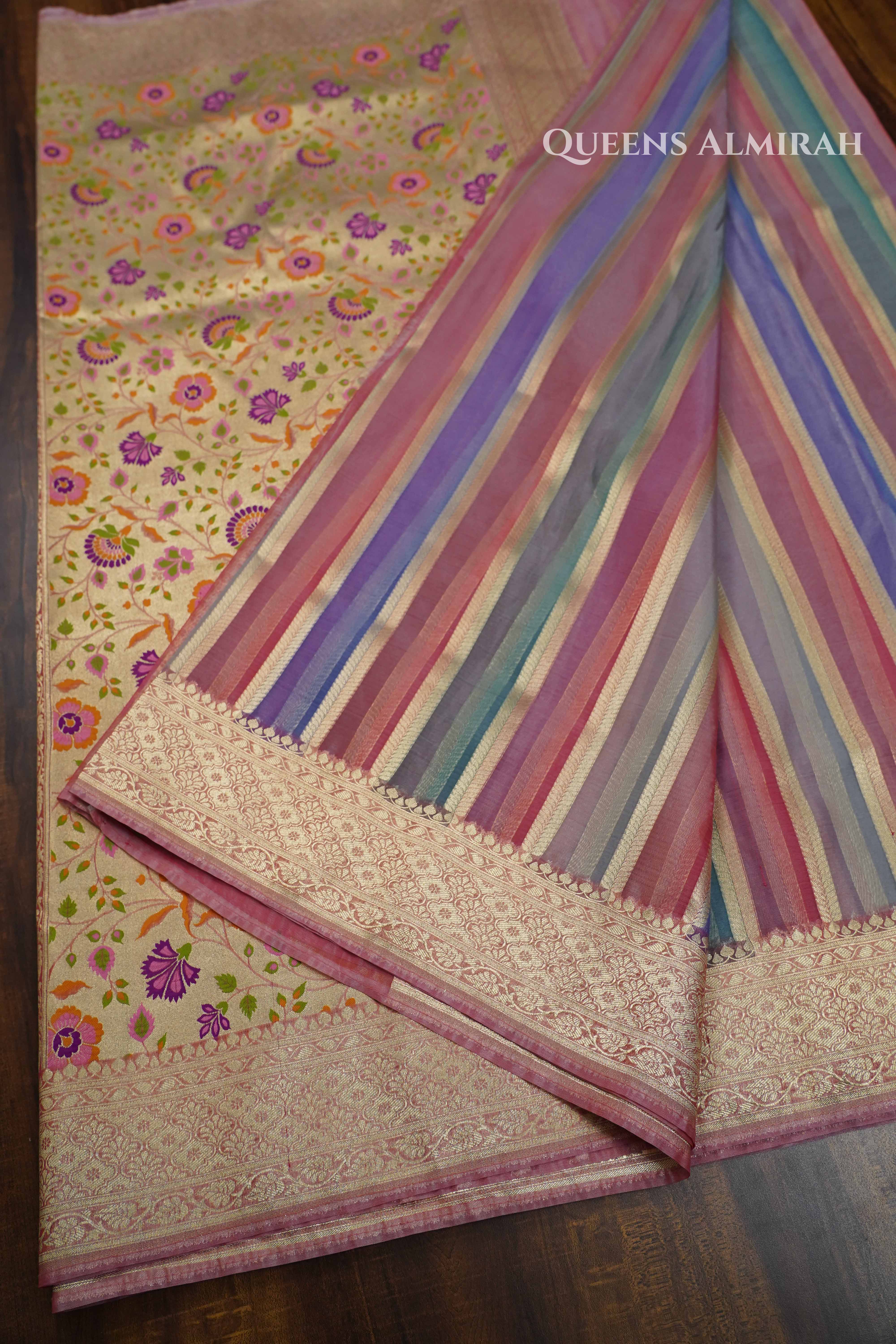 Pink With Blue Banarasi Organza Silk Saree QUEENS ALMIRAH