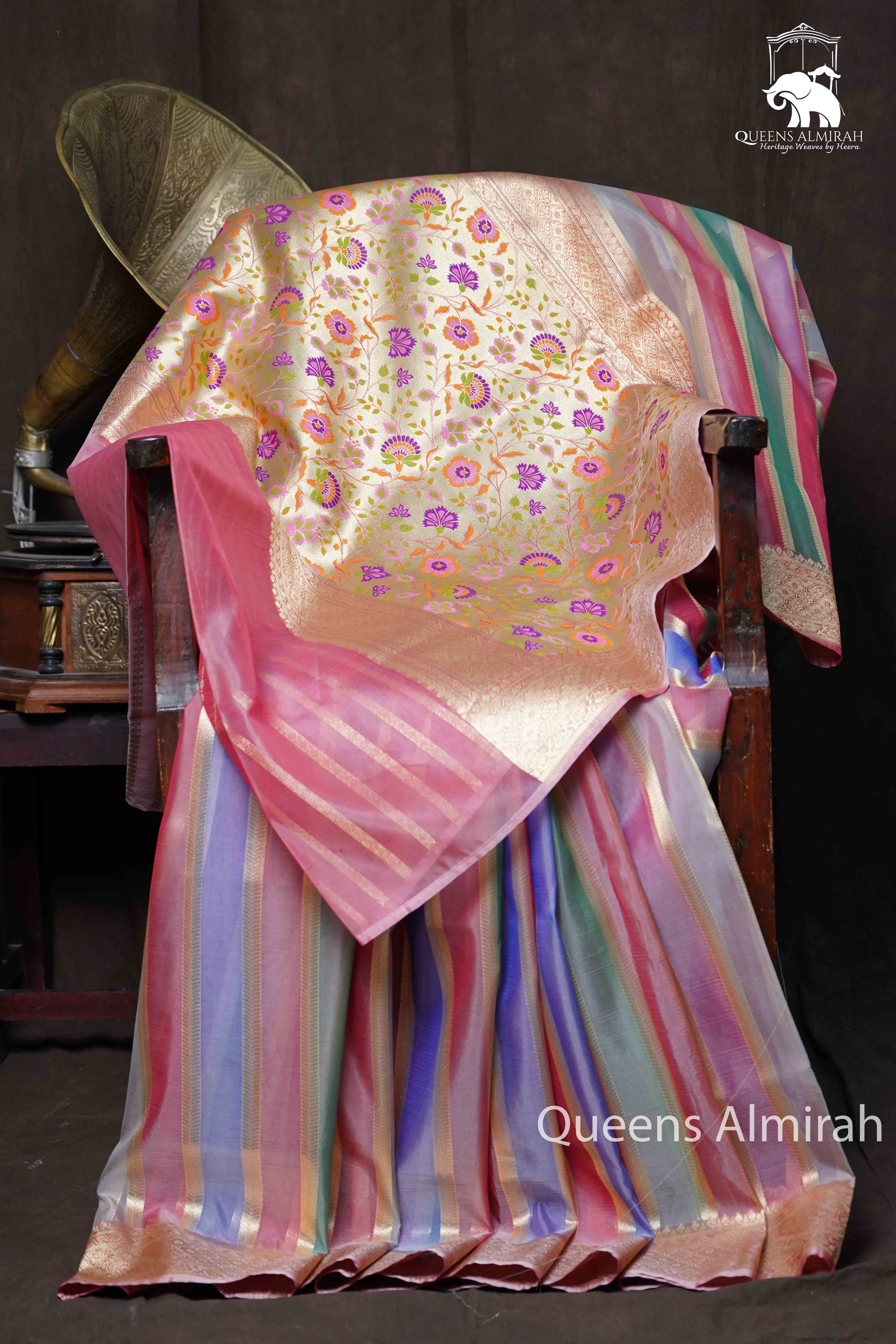 Pink With Blue Banarasi Organza Silk Saree - Queens Jewel Emporium