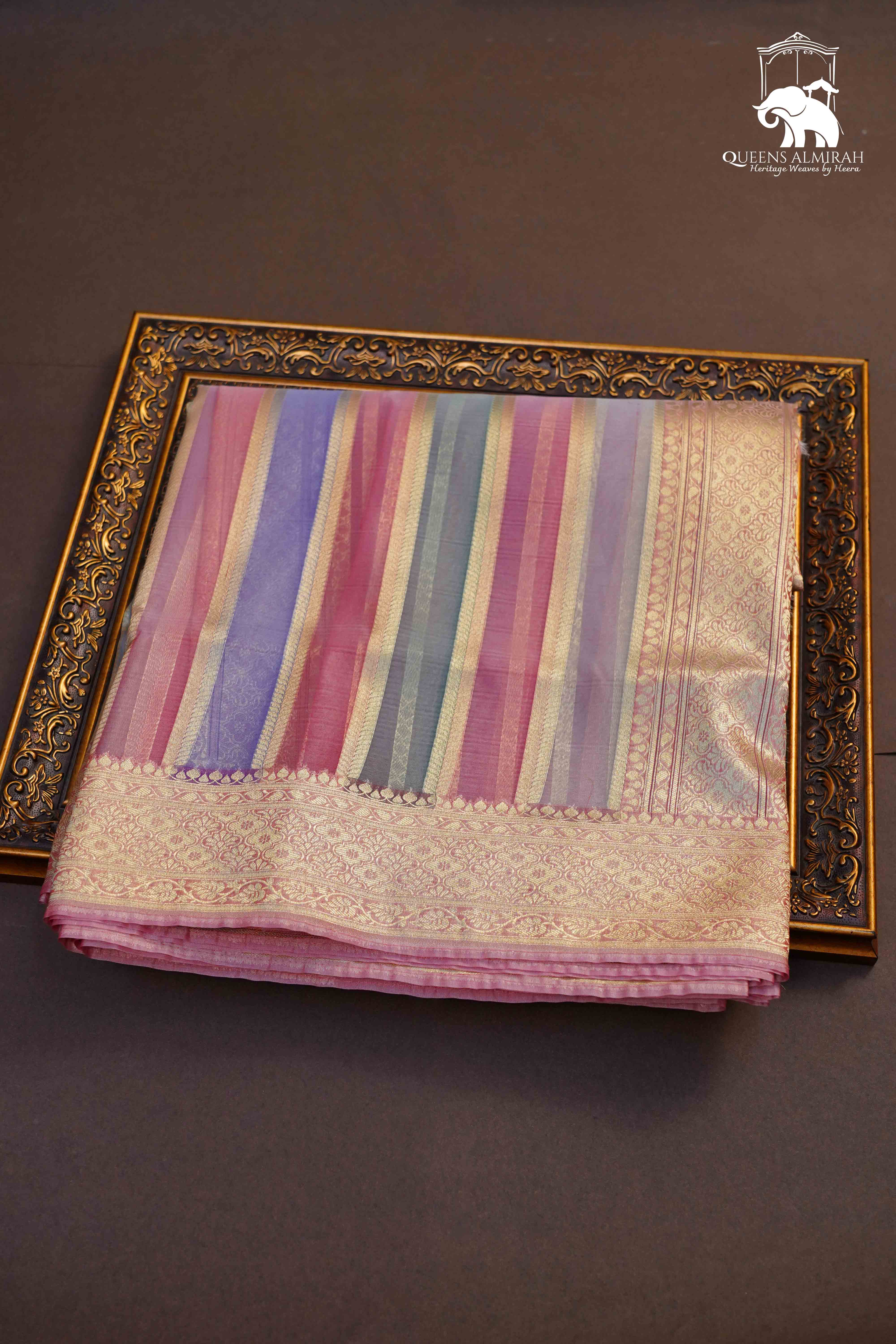 Pink With Blue Banarasi Organza Silk Saree - Queens Jewel Emporium