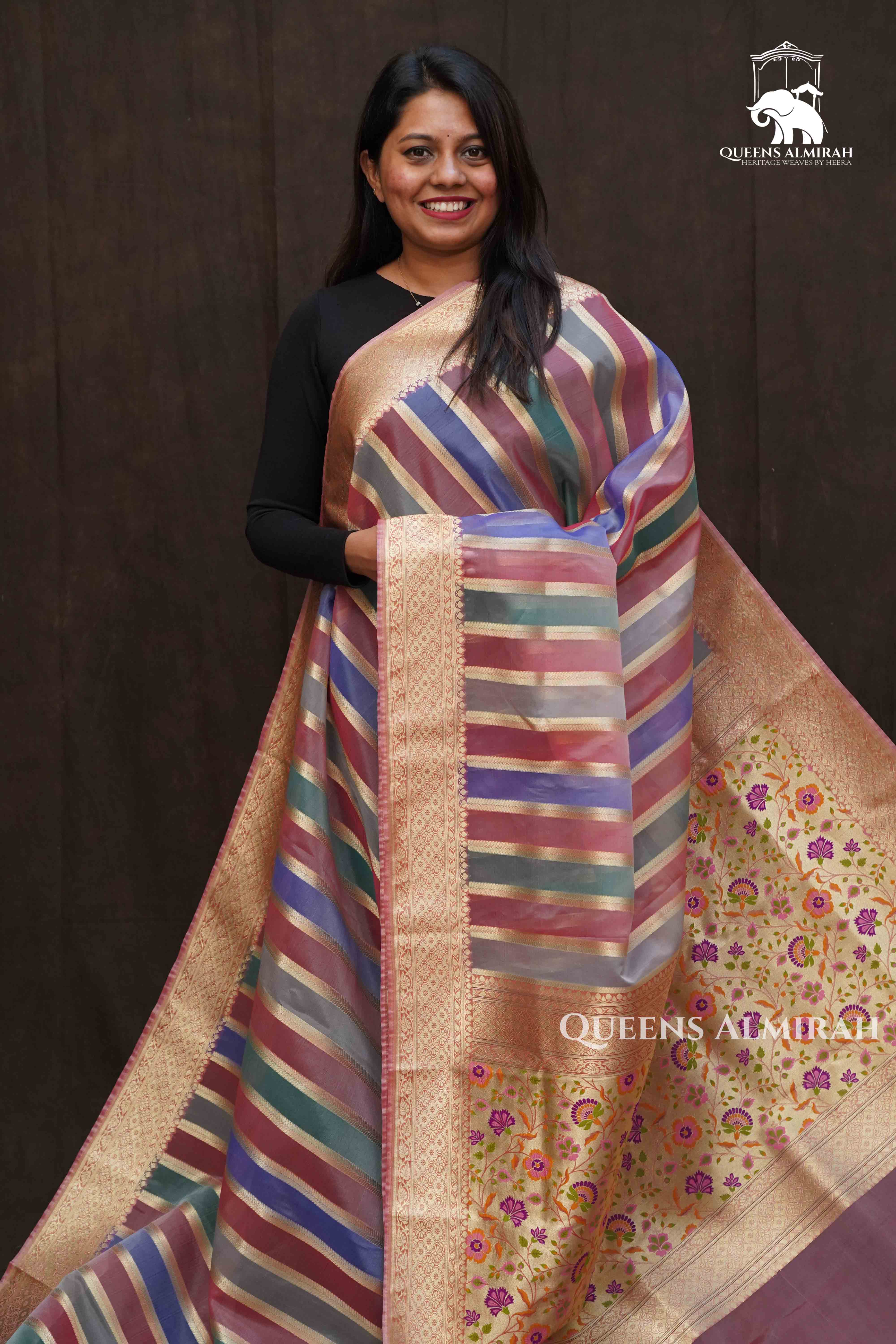 Pink With Blue Banarasi Organza Silk Saree - Queens Jewel Emporium