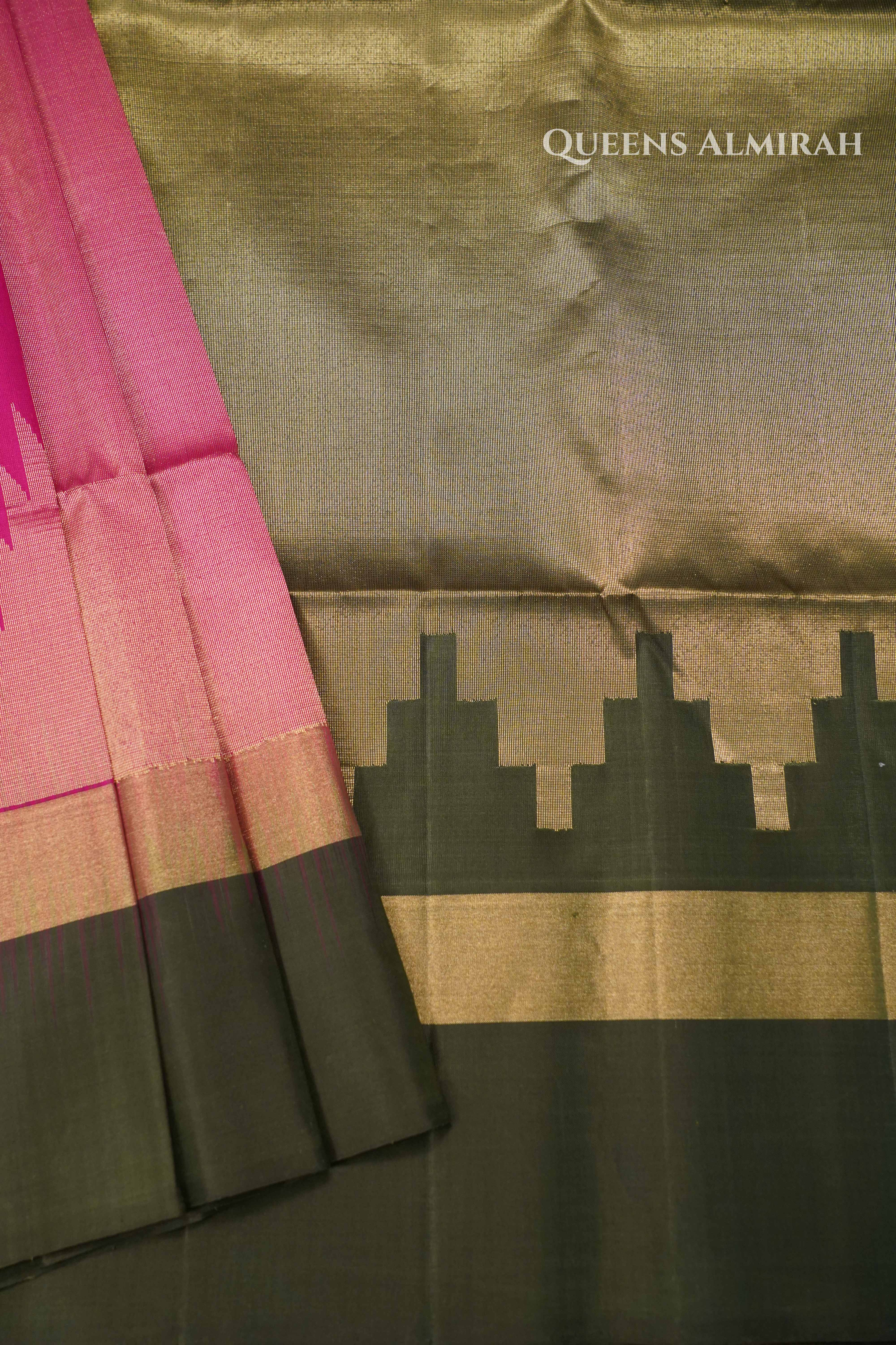Pink With Dark Green Pure Soft Silk Saree QUEENS ALMIRAH