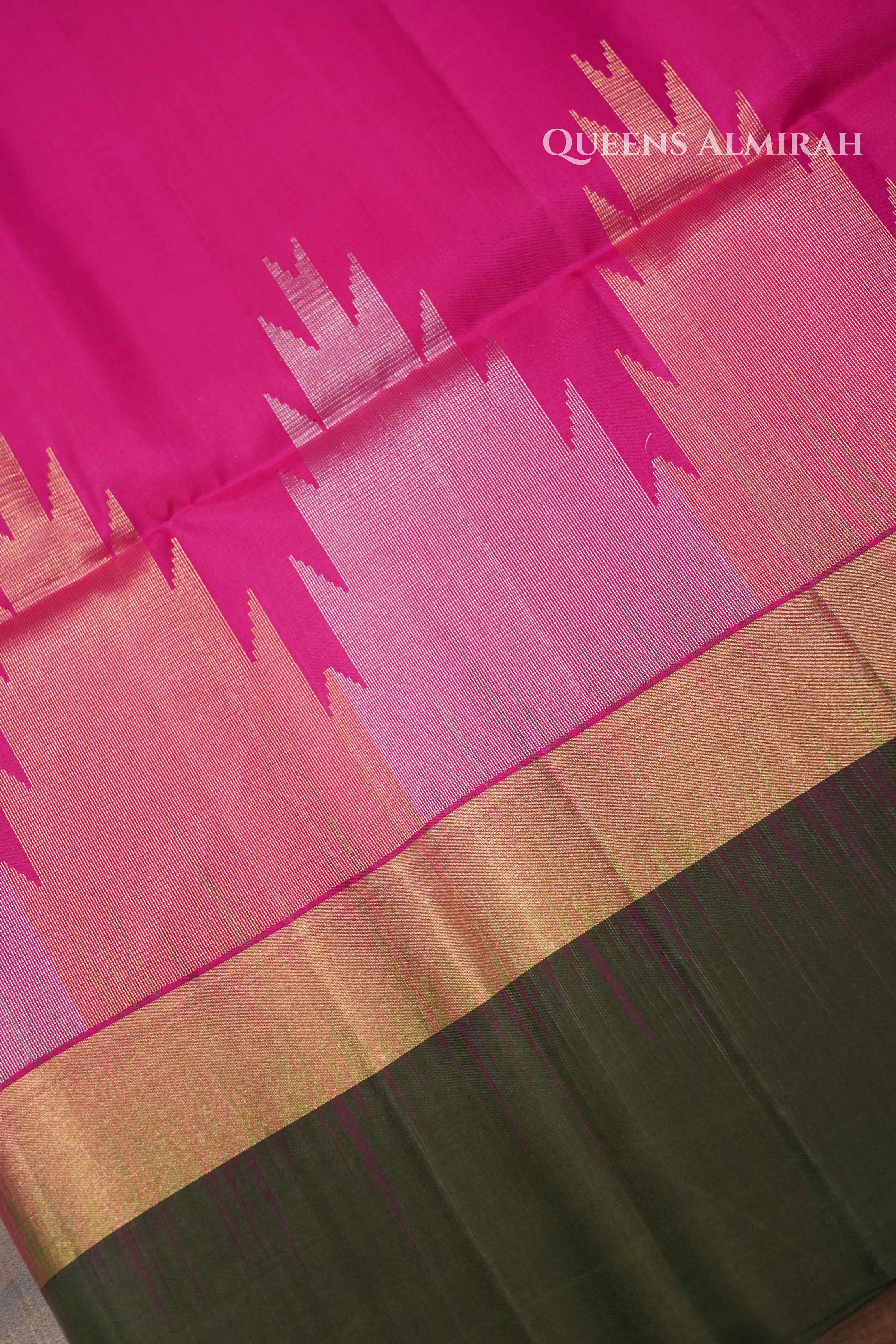 Pink With Dark Green Pure Soft Silk Saree QUEENS ALMIRAH