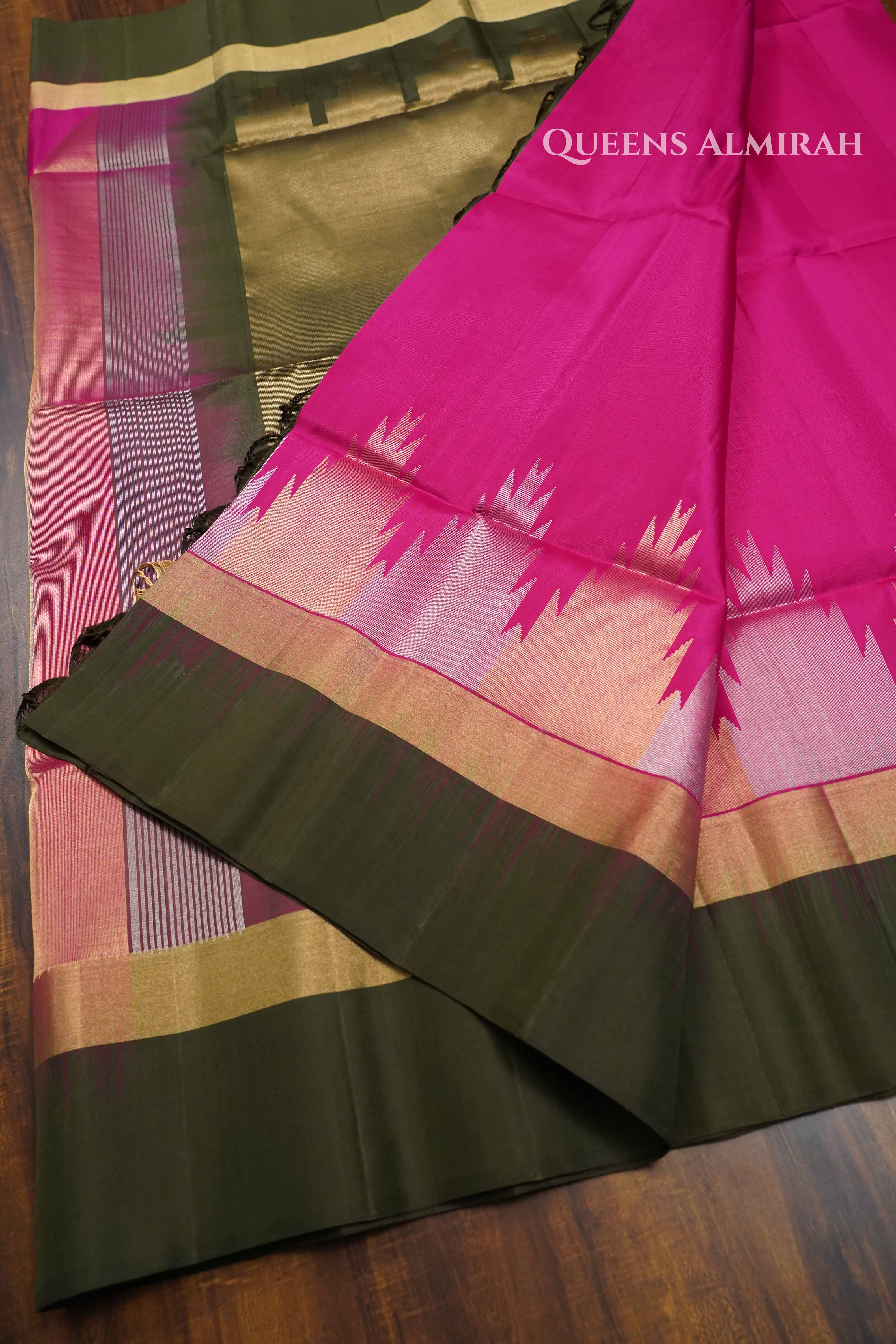 Pink With Dark Green Pure Soft Silk Saree QUEENS ALMIRAH