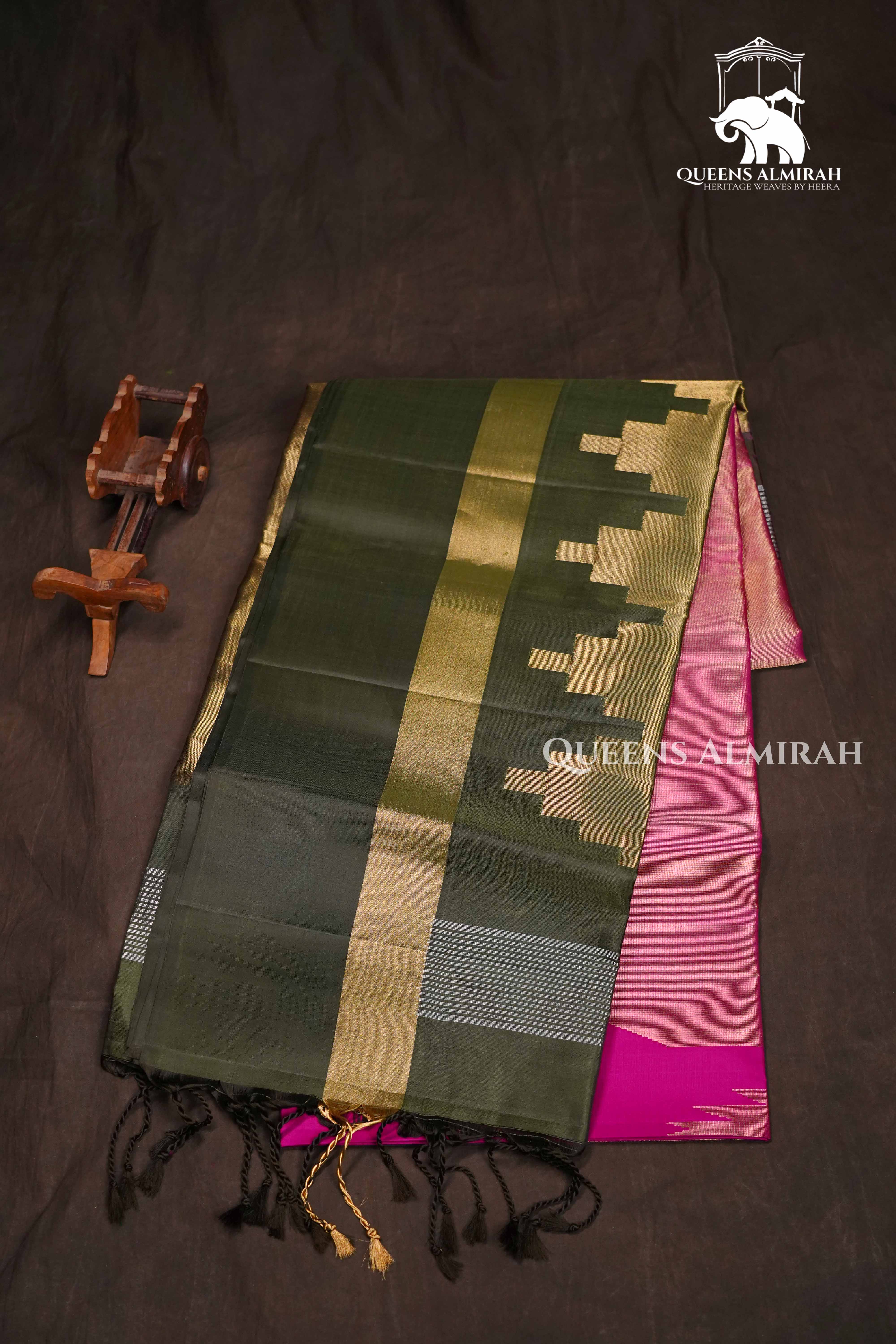 Pink With Dark Green Pure Soft Silk Saree QUEENS ALMIRAH