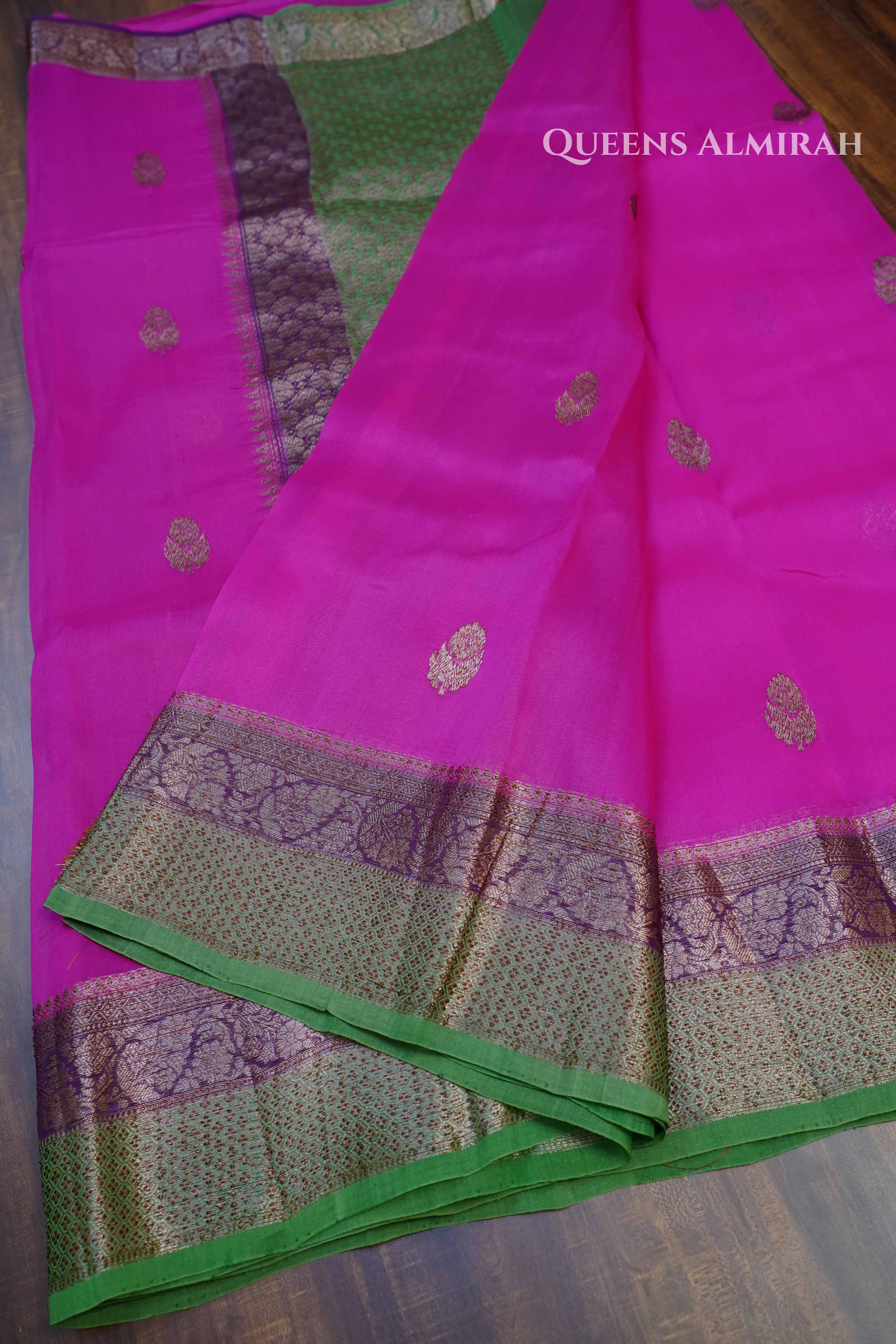 Pink With Green Banarasi Organza saree - Queens Jewel Emporium