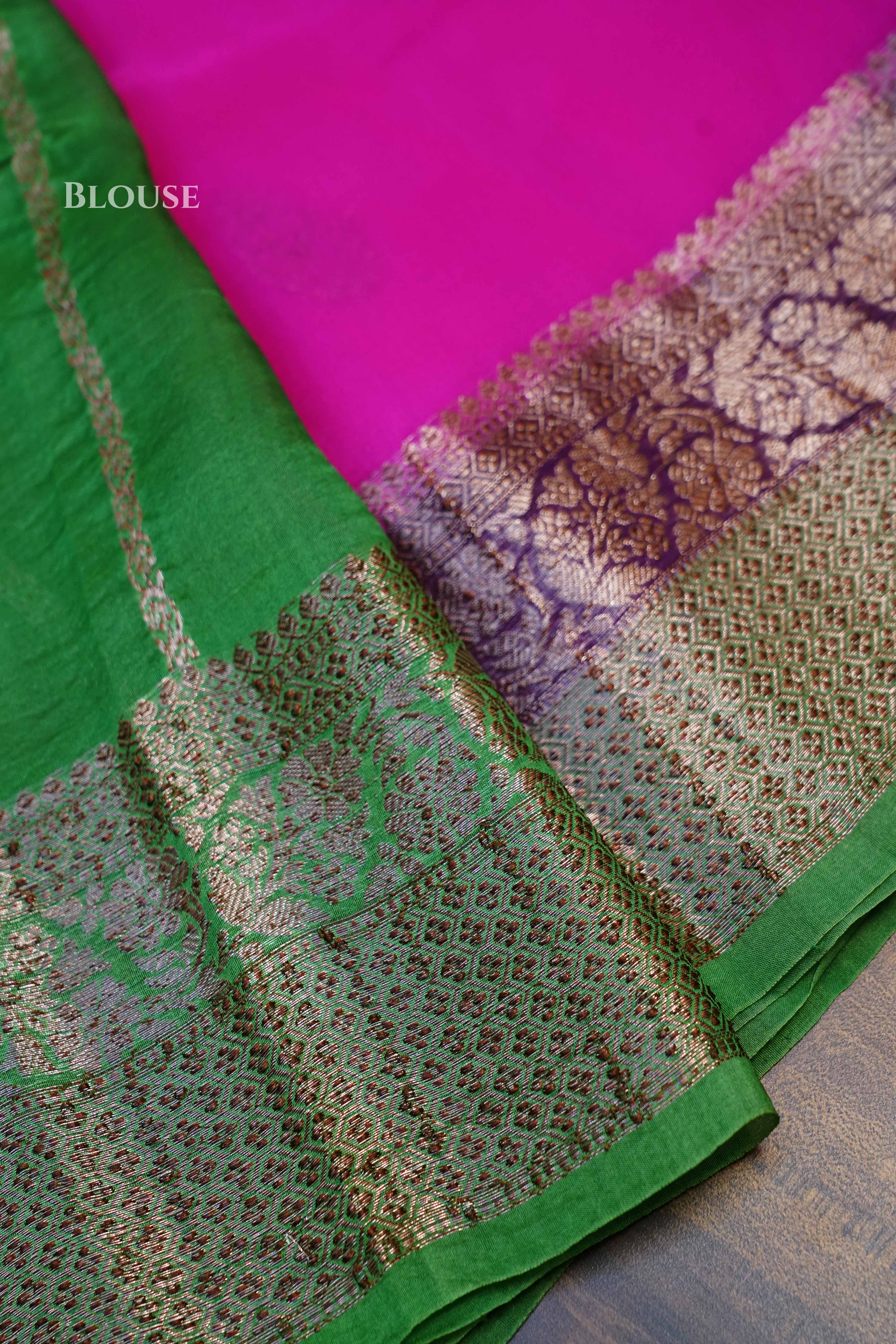 Pink With Green Banarasi Organza saree - Queens Jewel Emporium