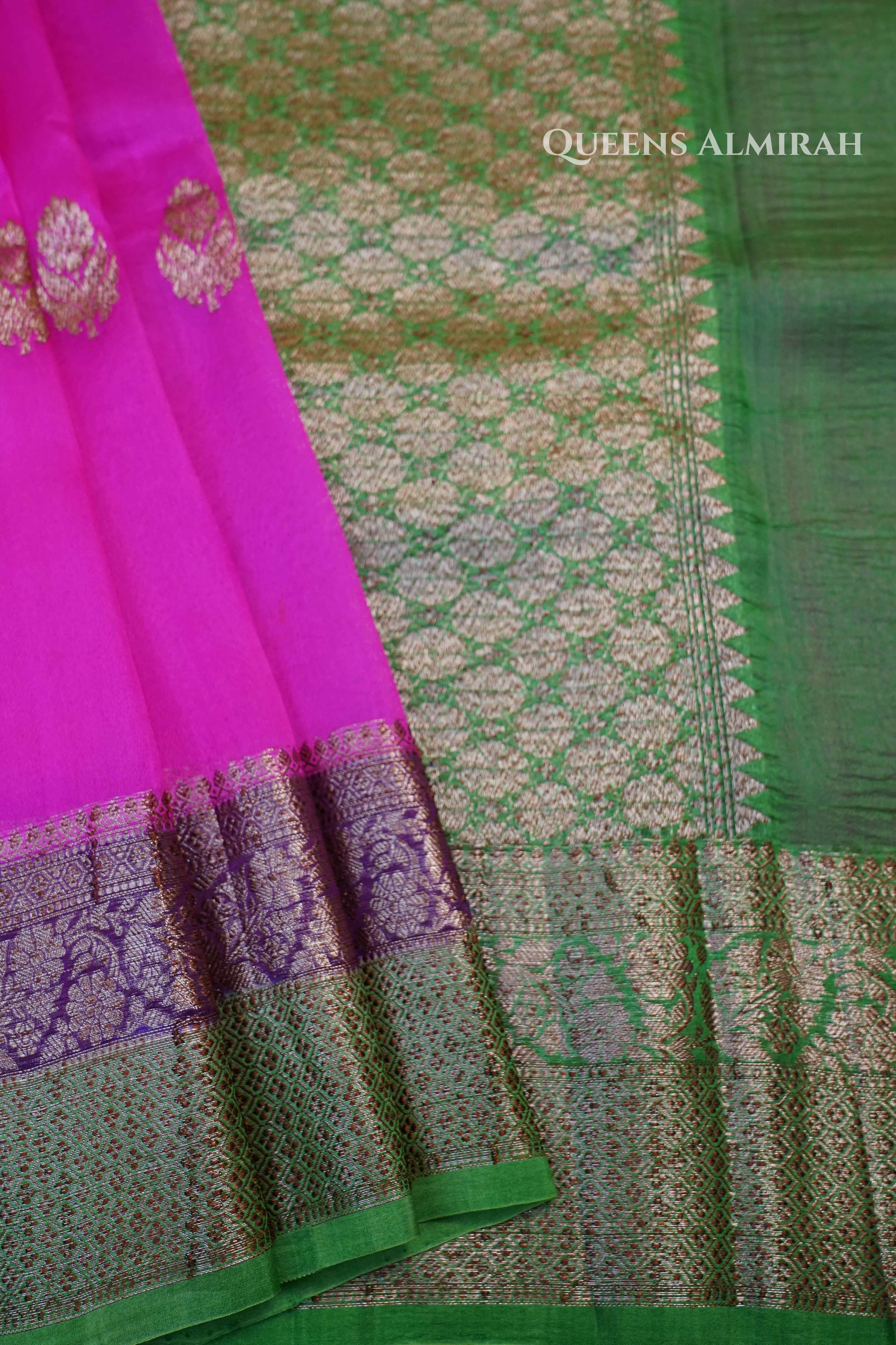 Pink With Green Banarasi Organza saree - Queens Jewel Emporium