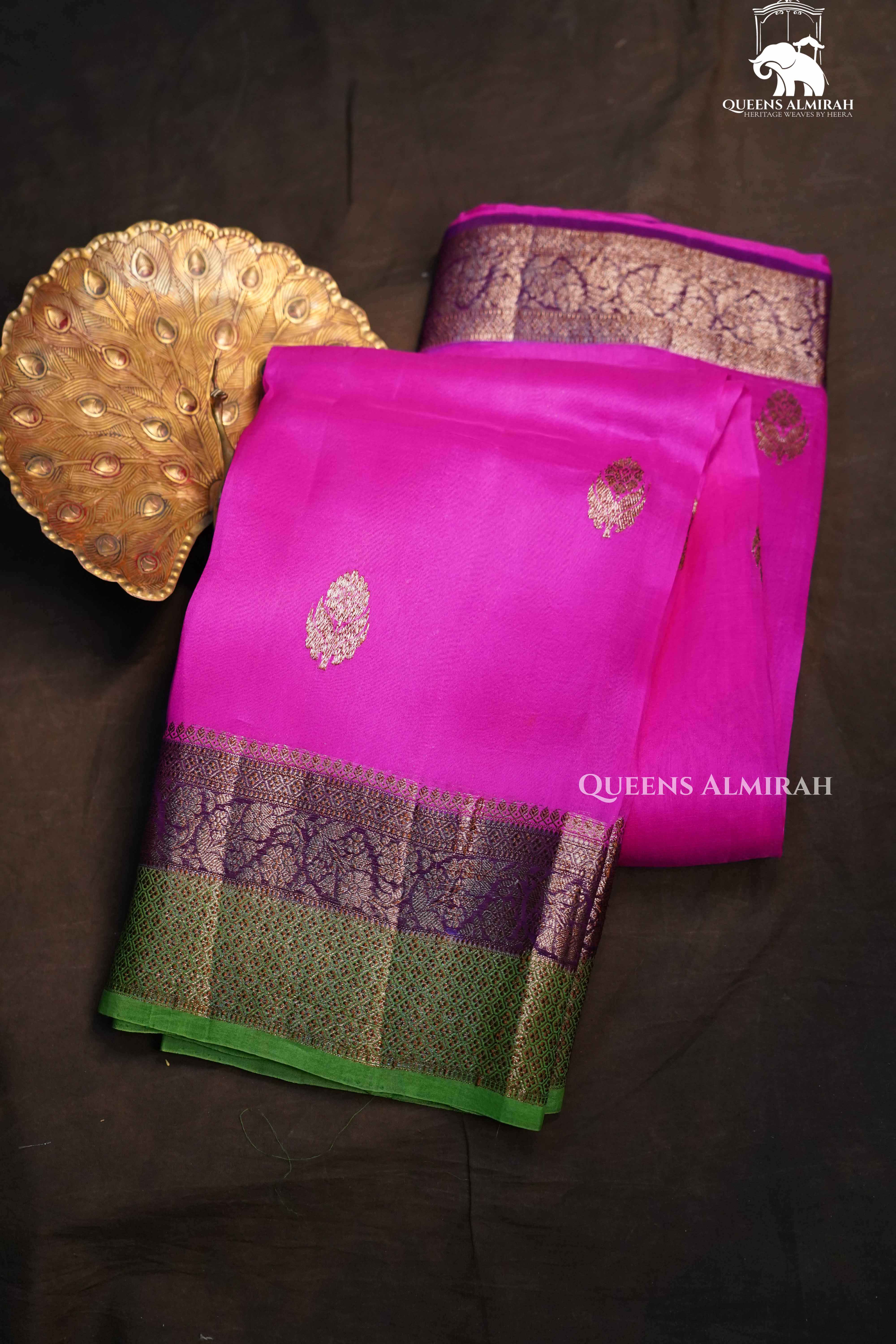Pink With Green Banarasi Organza saree - Queens Jewel Emporium