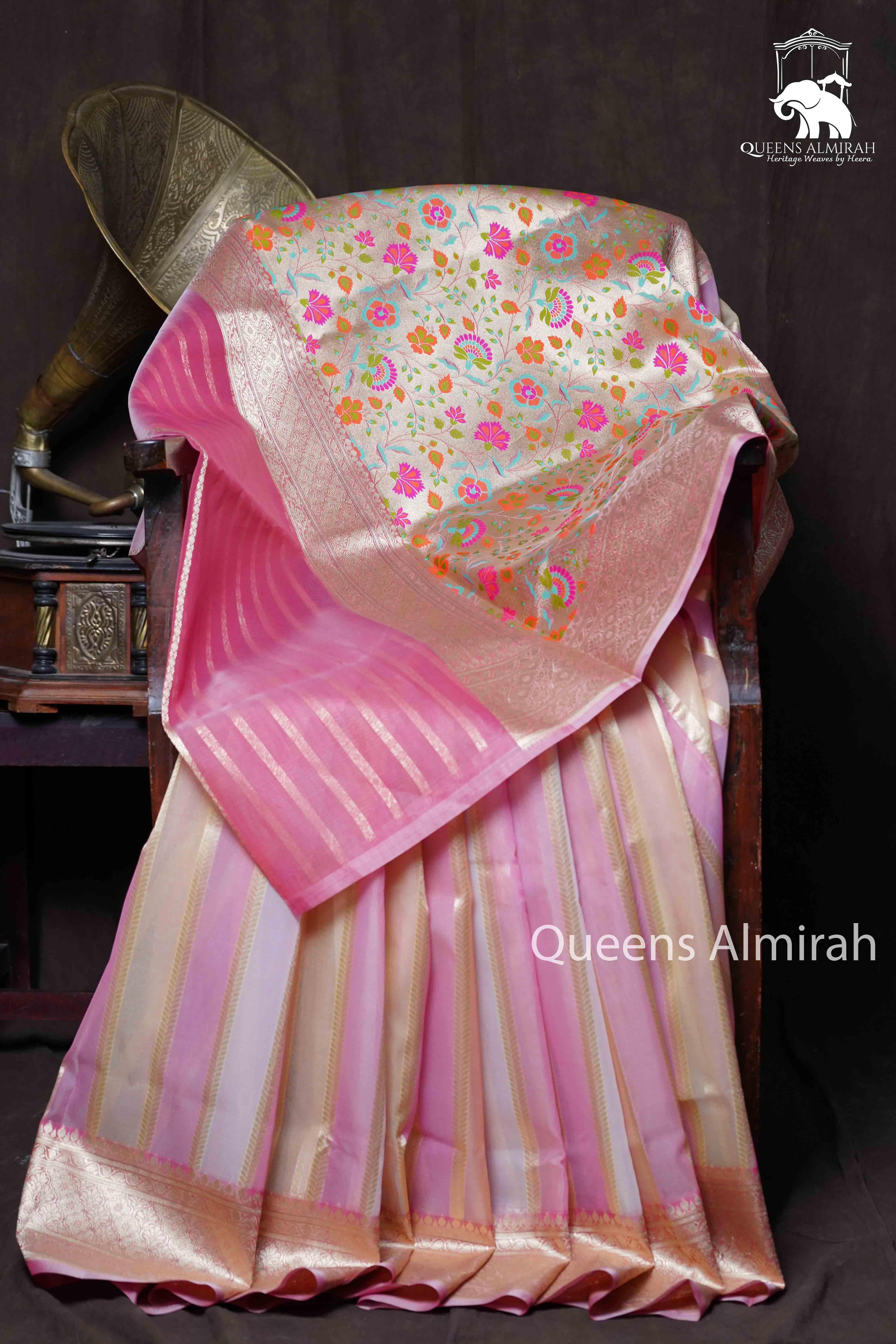 Pink With Yellow  Banarasi Organza Silk Saree - Queens Jewel Emporium