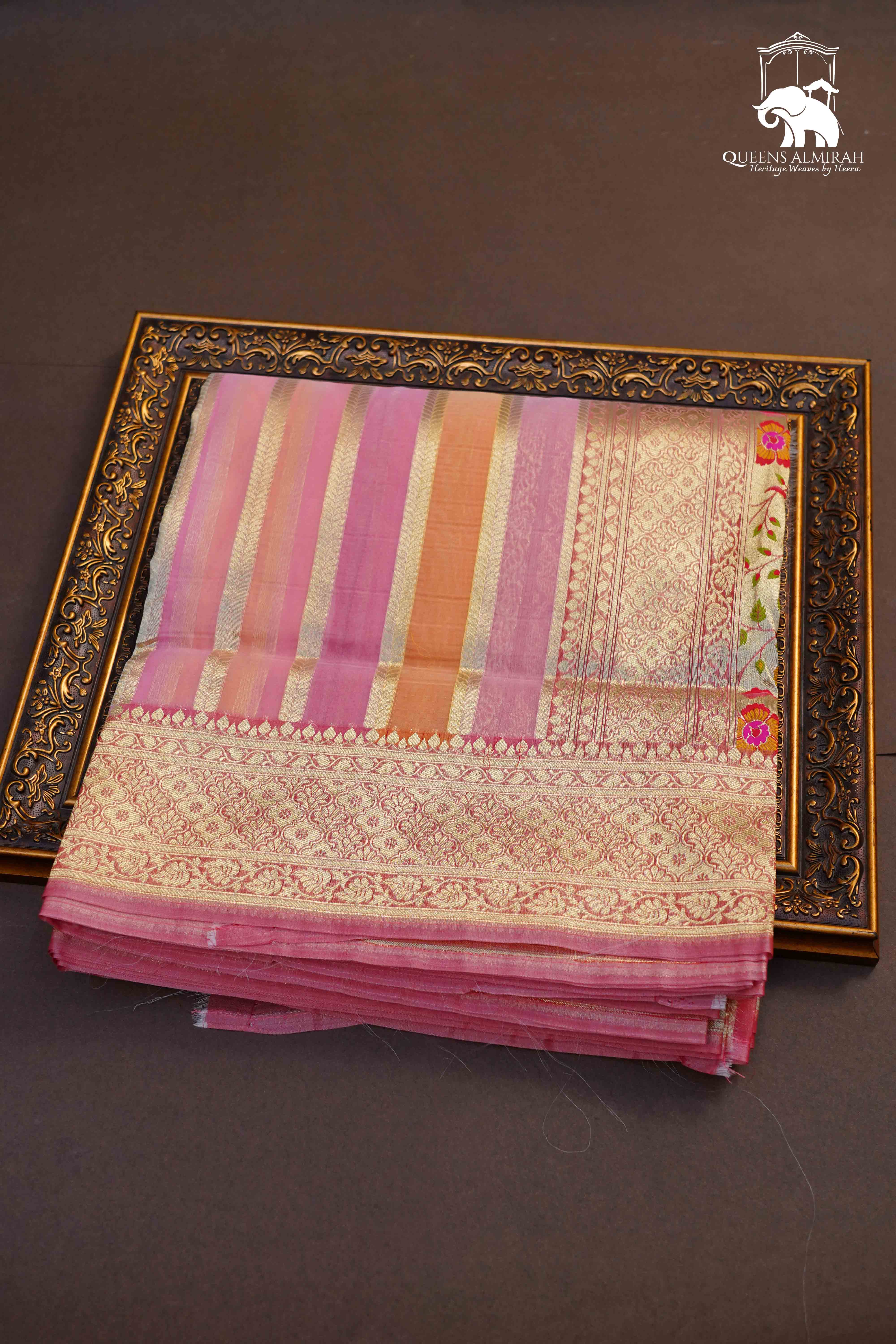 Pink With Yellow  Banarasi Organza Silk Saree - Queens Jewel Emporium