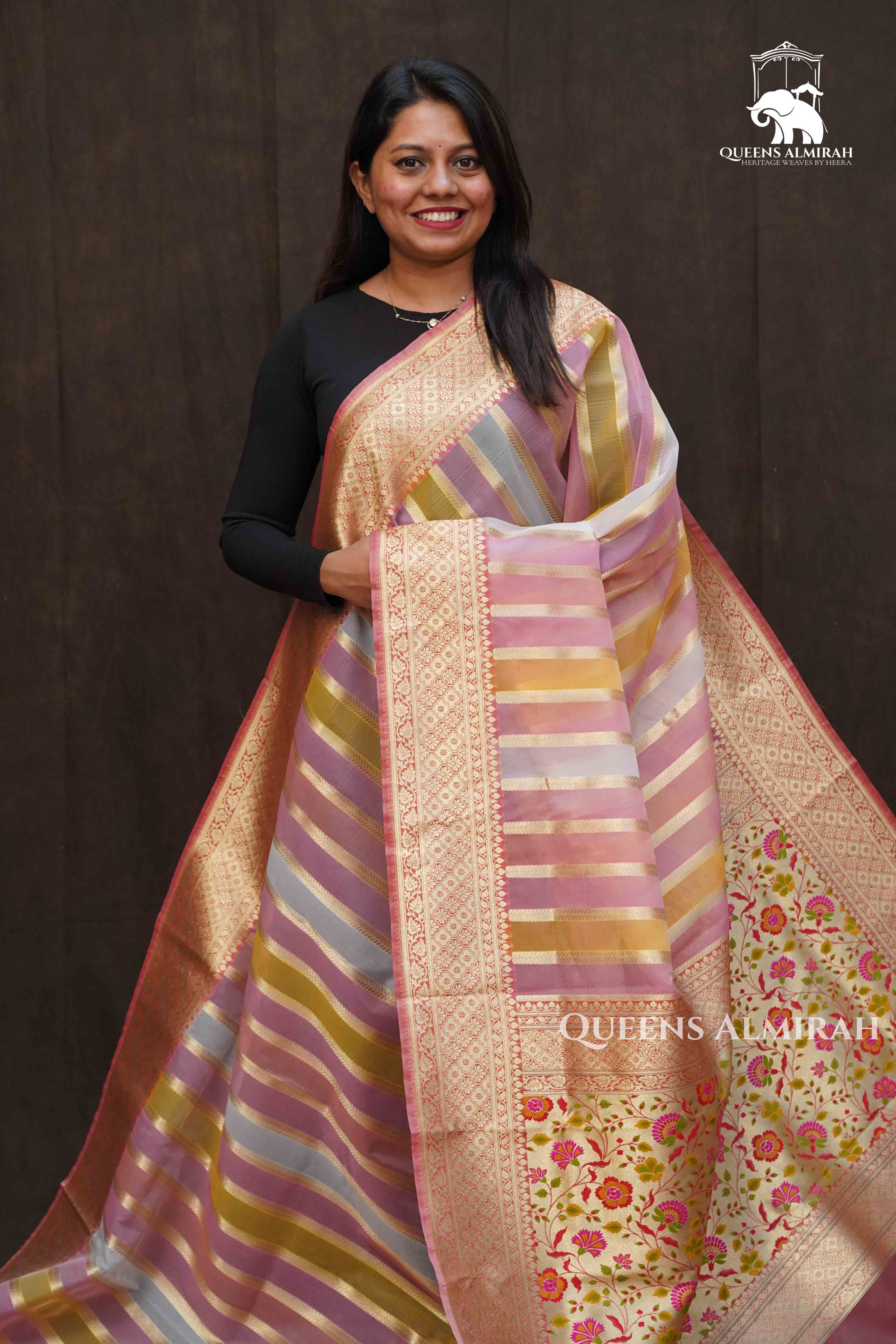 Pink With Yellow  Banarasi Organza Silk Saree - Queens Jewel Emporium