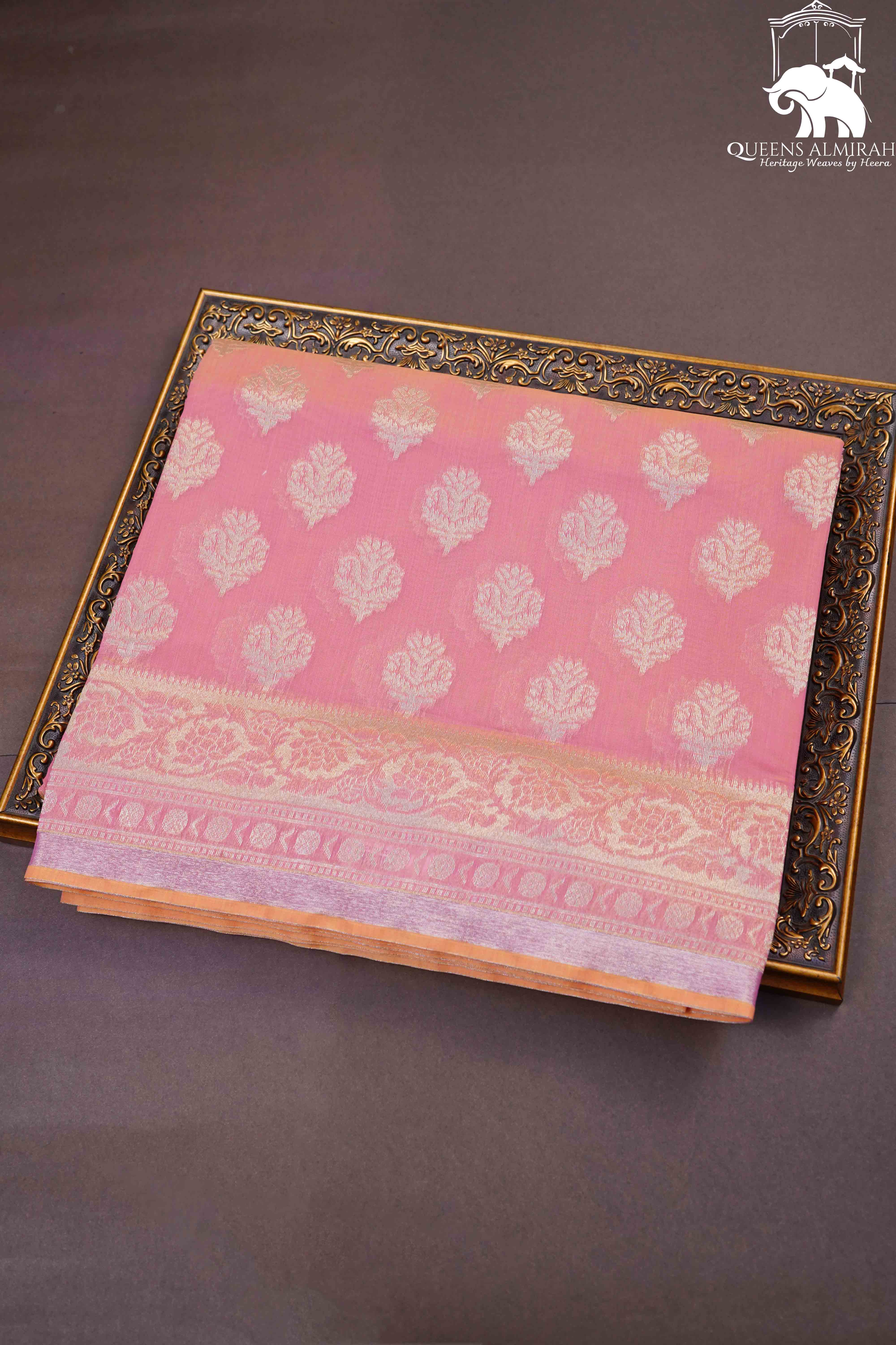 PINKISH ORANGE BANARASI SILK COTTON SAREE - Queens Jewel Emporium