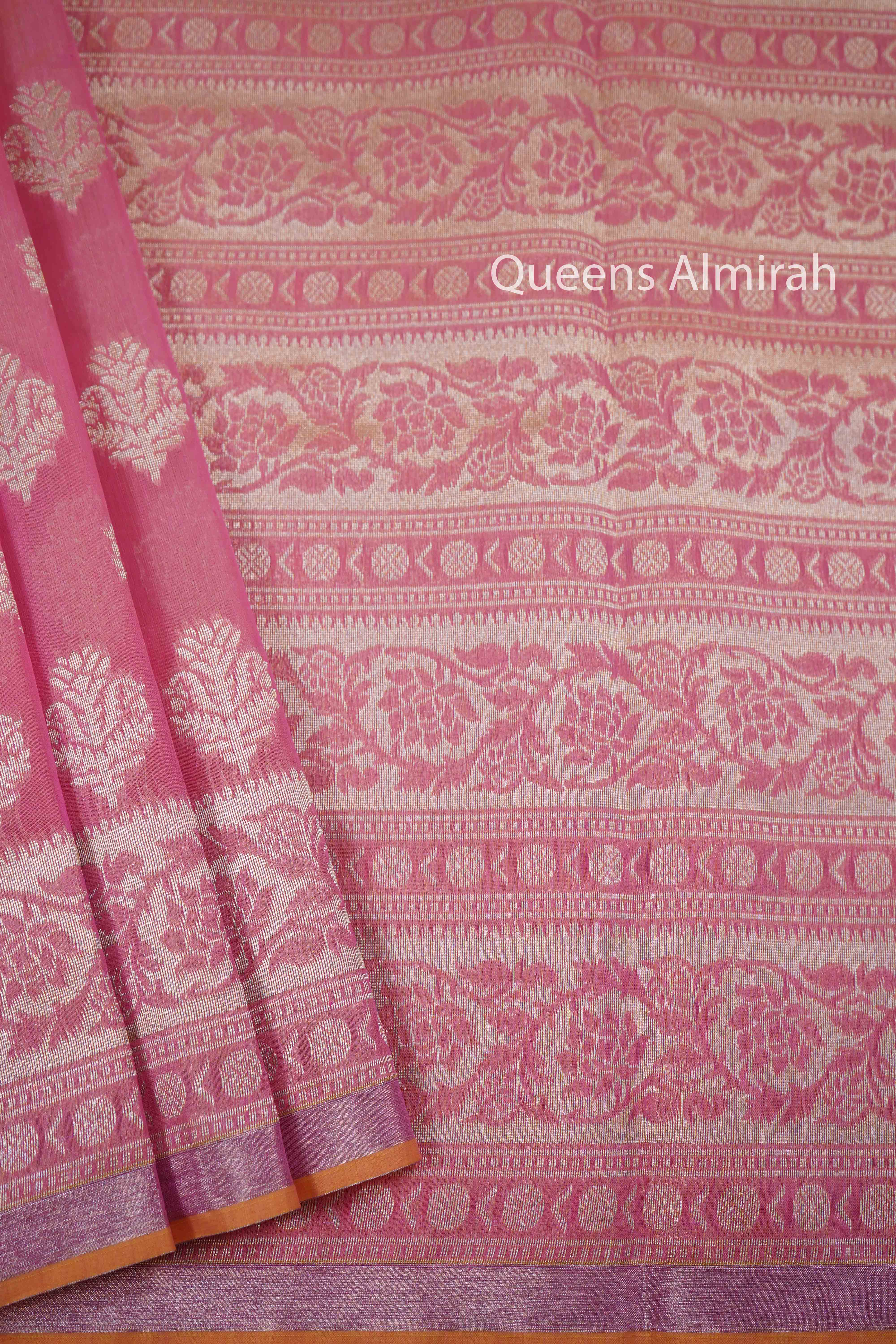 PINKISH ORANGE BANARASI SILK COTTON SAREE - Queens Jewel Emporium