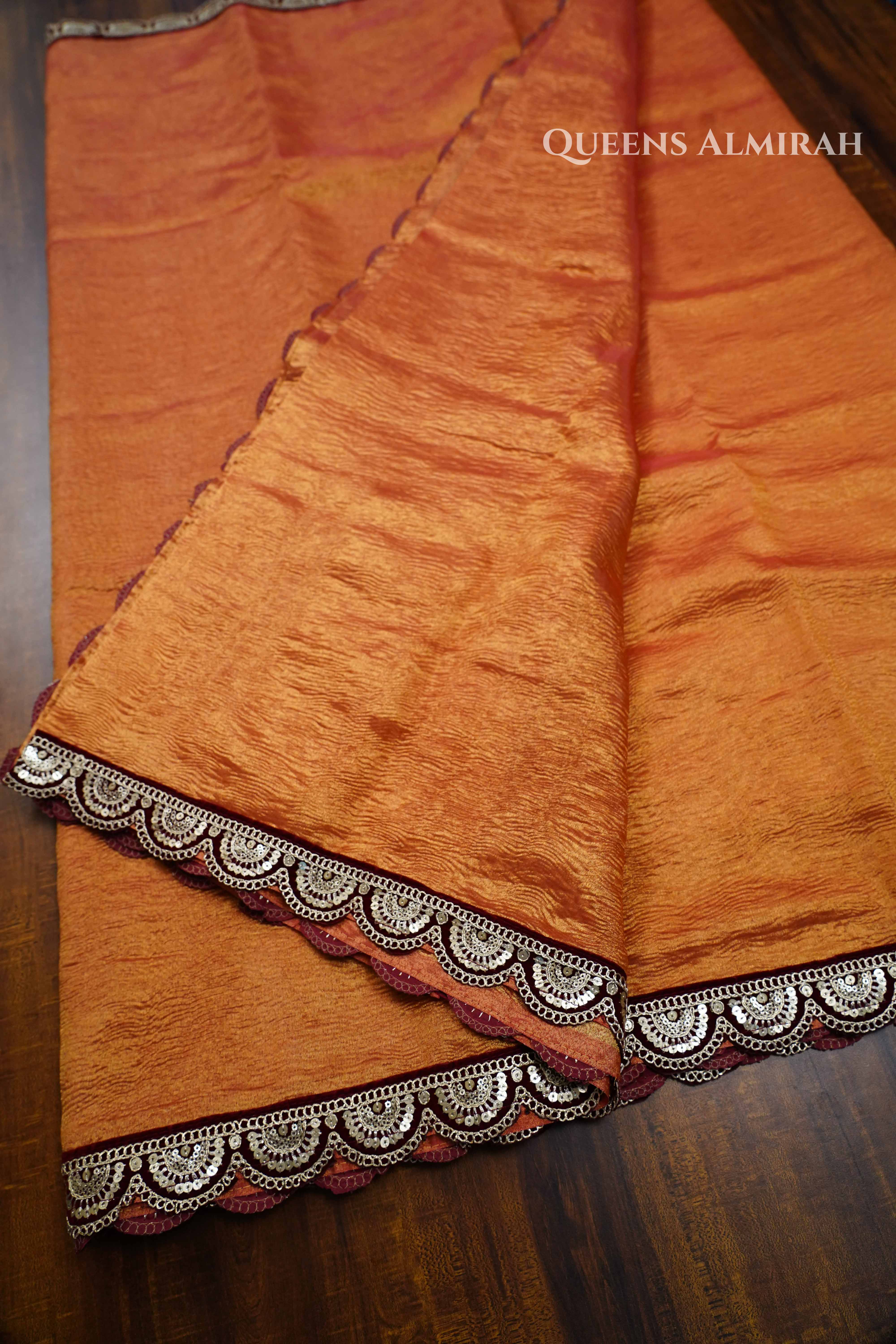 Pinkish Orange Crush Tissue Saree QUEENS ALMIRAH
