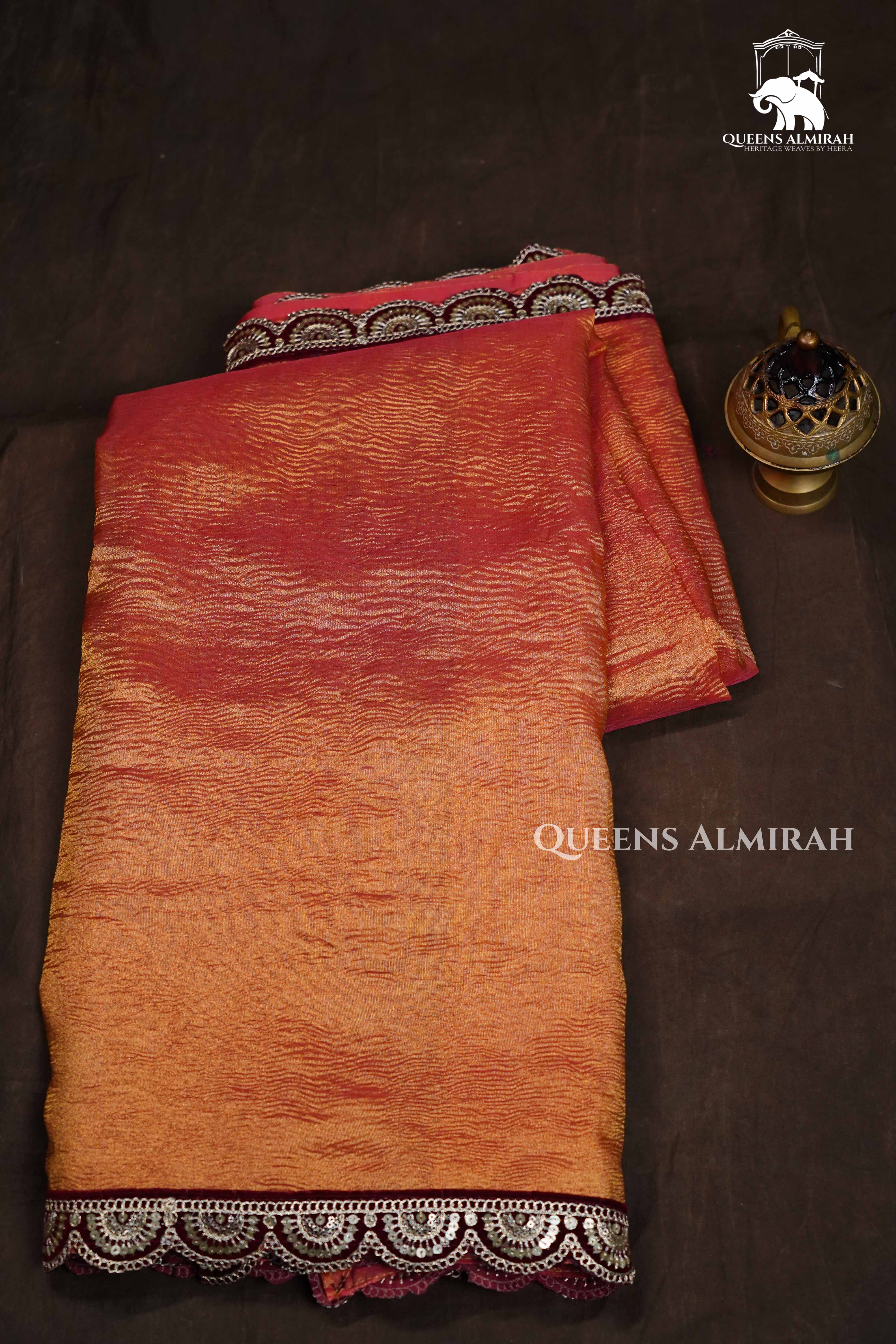 Pinkish Orange Crush Tissue Saree QUEENS ALMIRAH