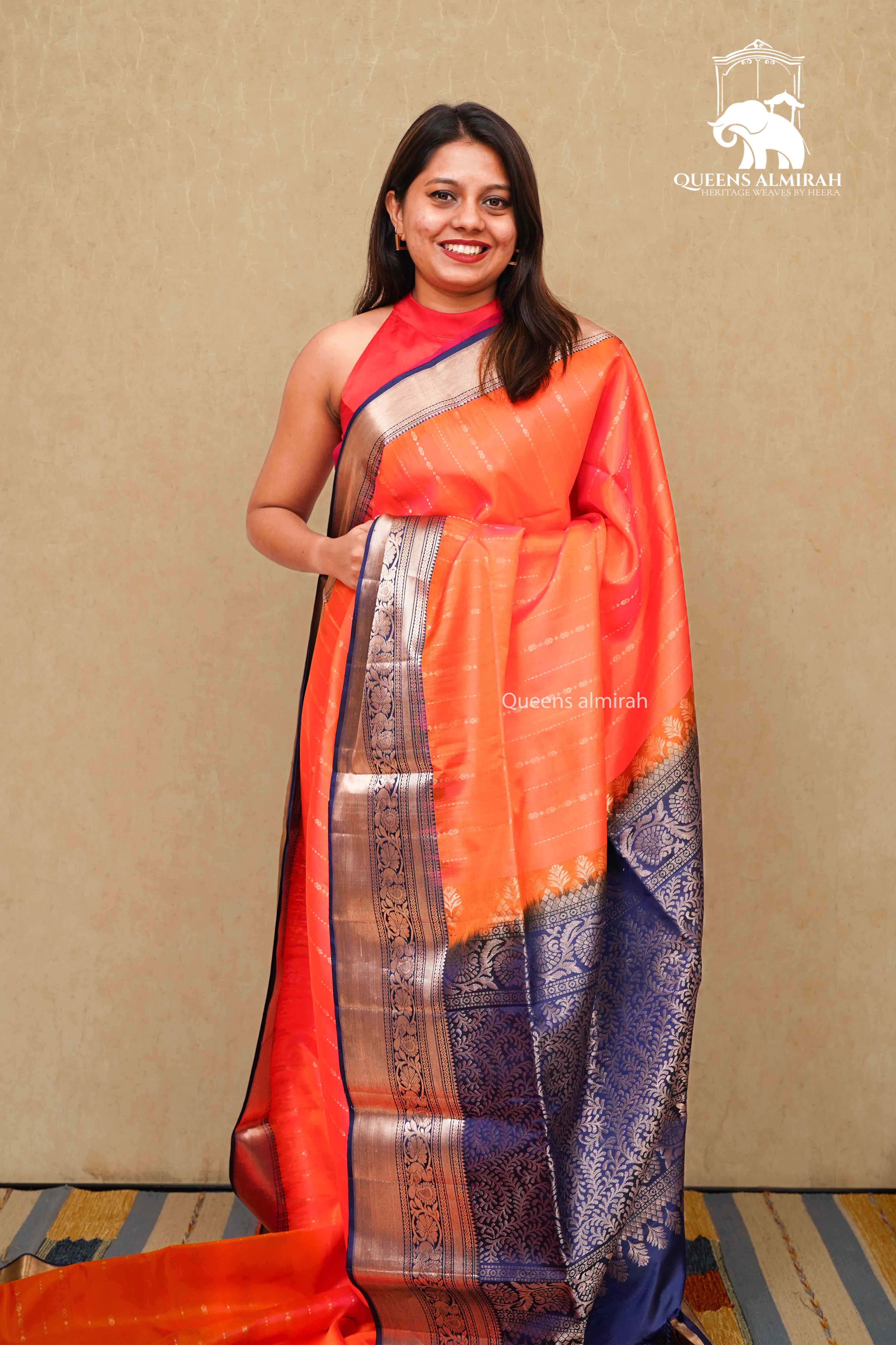 PINKSH ORANGE WITH NAVY BLUE SOFT SILK SAREE - Queens Jewel Emporium
