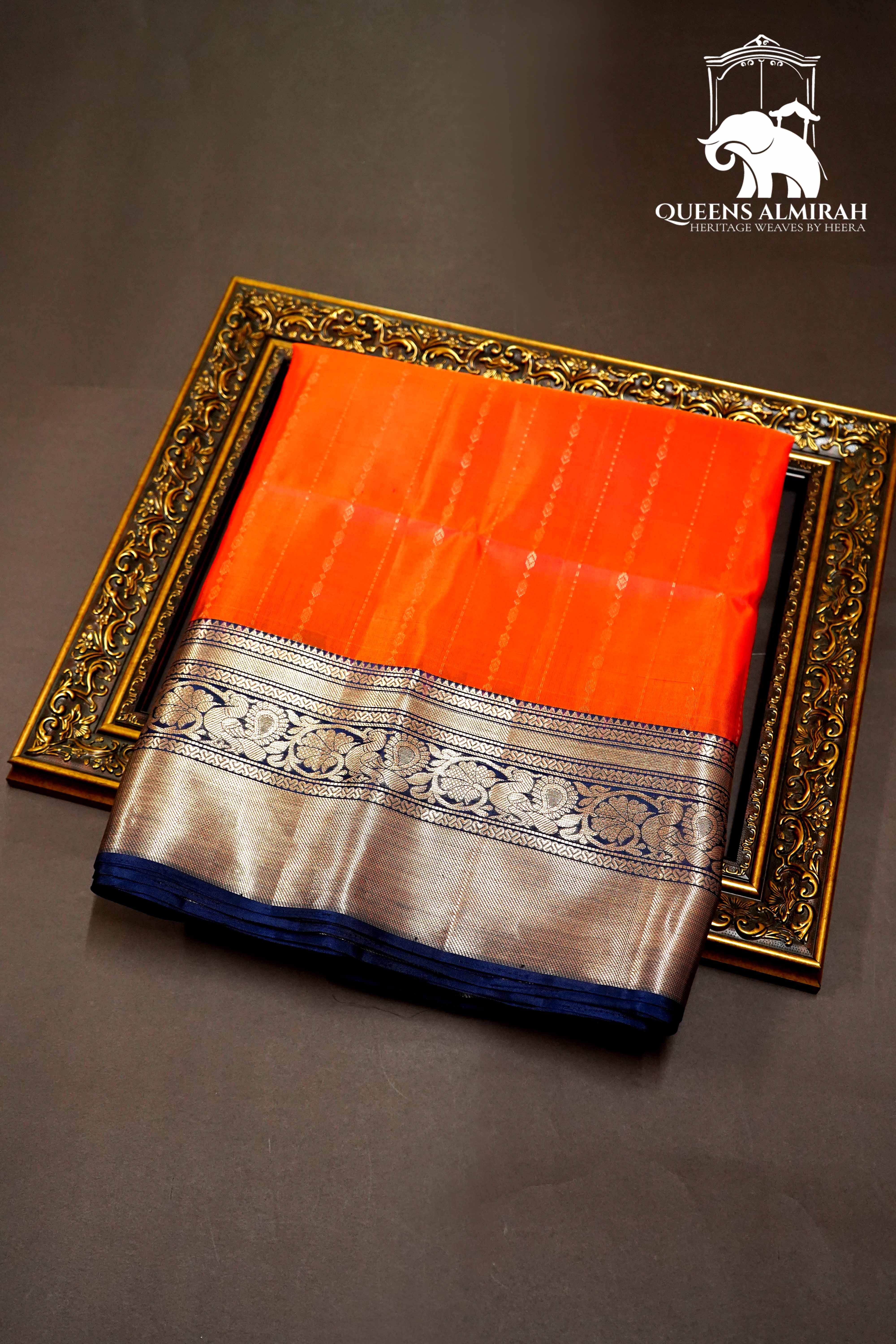 PINKSH ORANGE WITH NAVY BLUE SOFT SILK SAREE - Queens Jewel Emporium