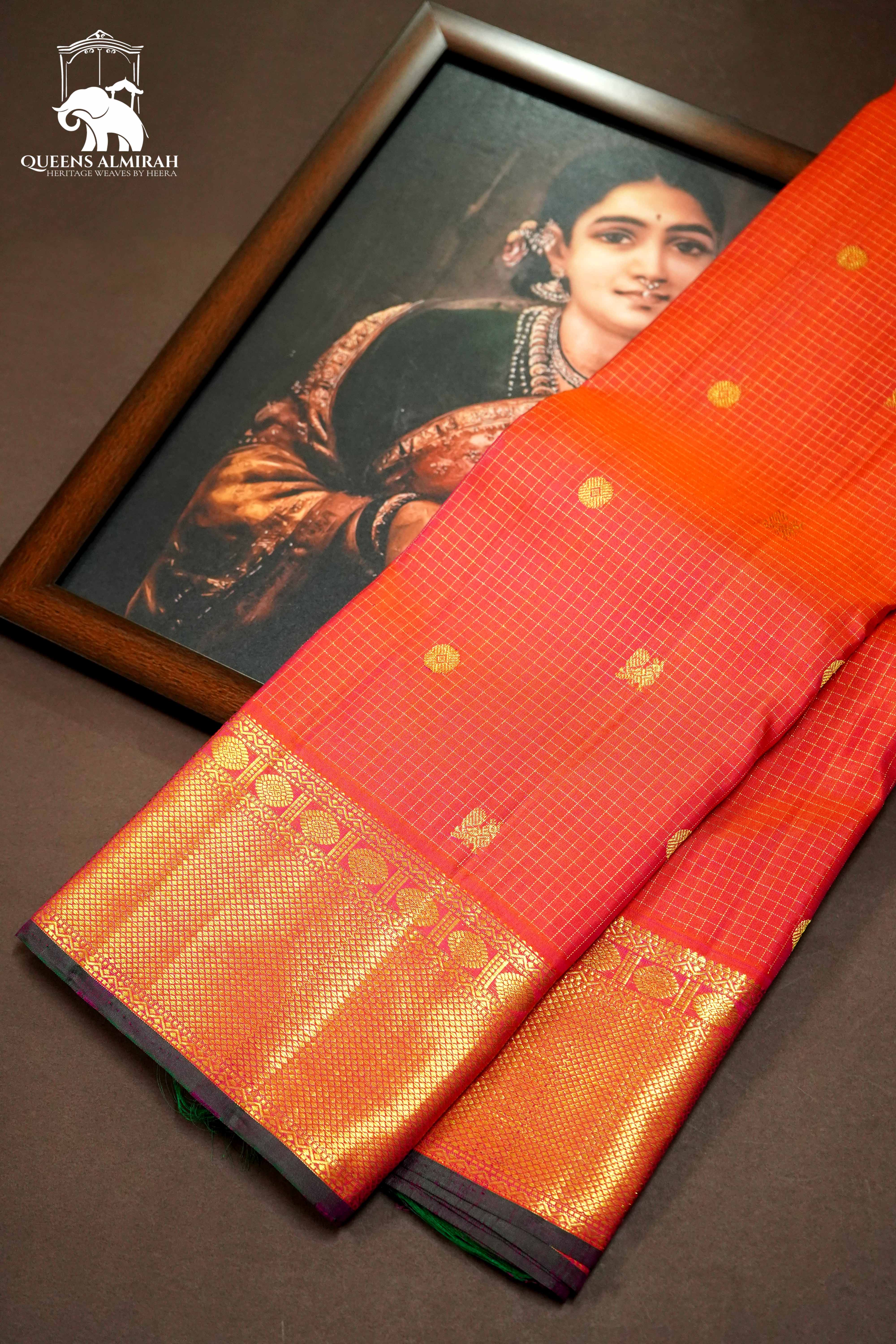 PINKISH ORANGE WITH WOVEN BORDER KANCHIVARAM SILK SAREE - Queens Jewel Emporium