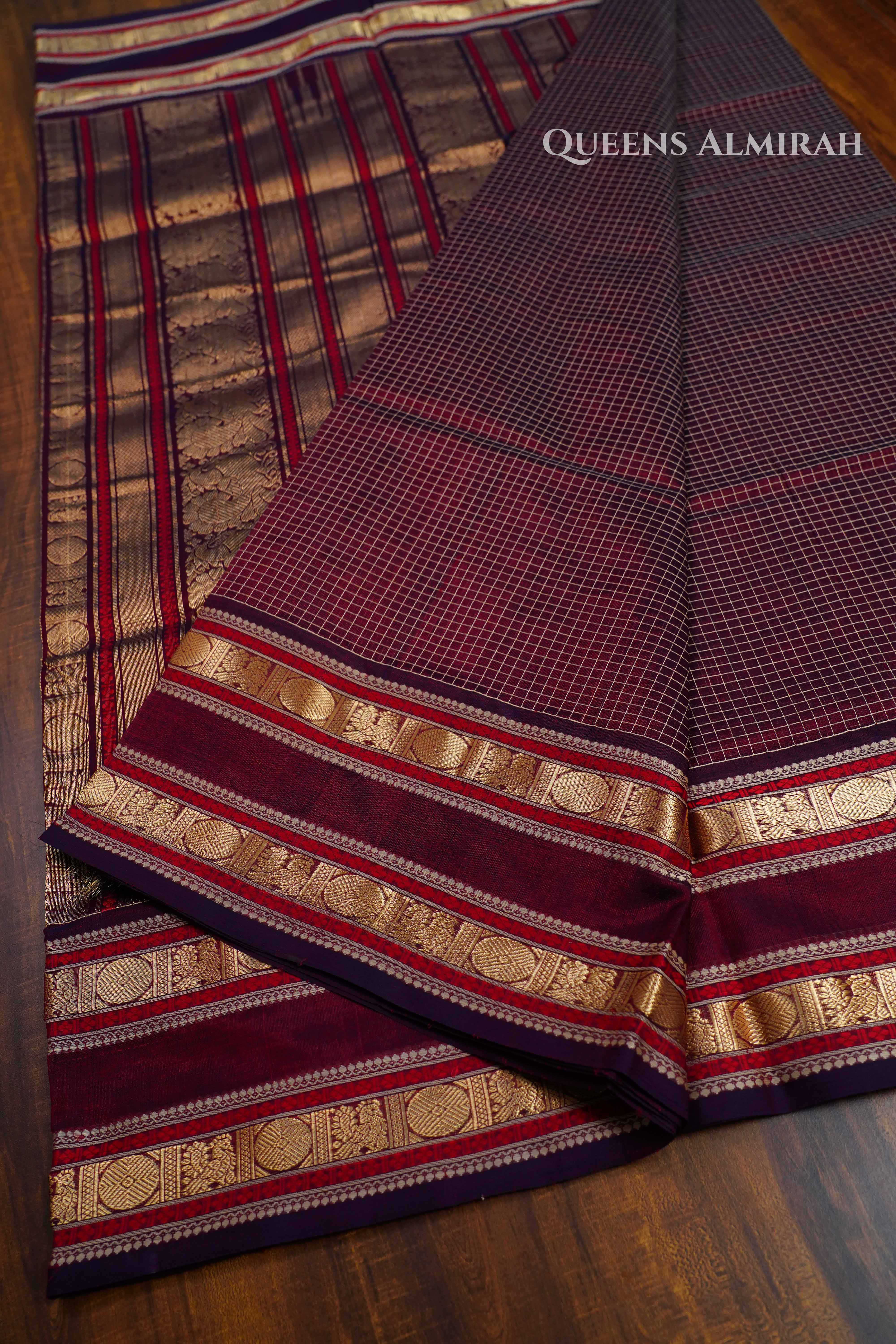 Plum Purple Pure Kanchi Silk Cotton Saree QUEENS ALMIRAH