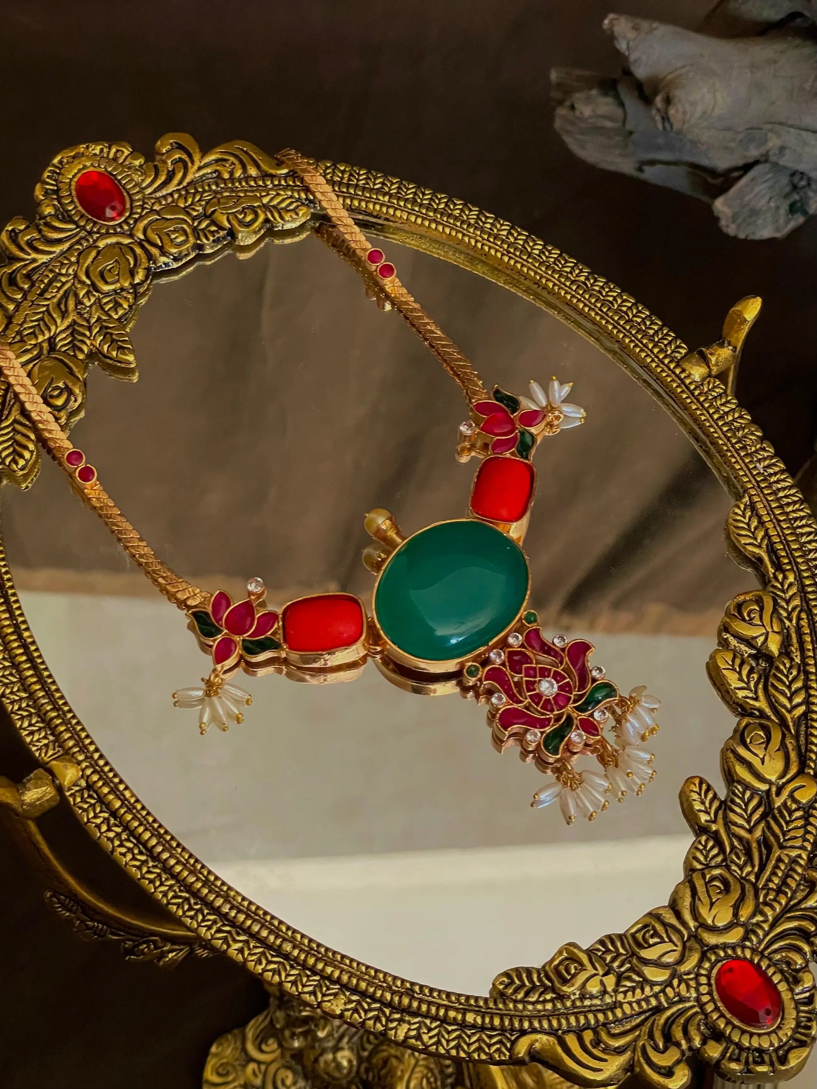 Jewellery for Occasion , Lotus motif haram , Oval shaped pendant