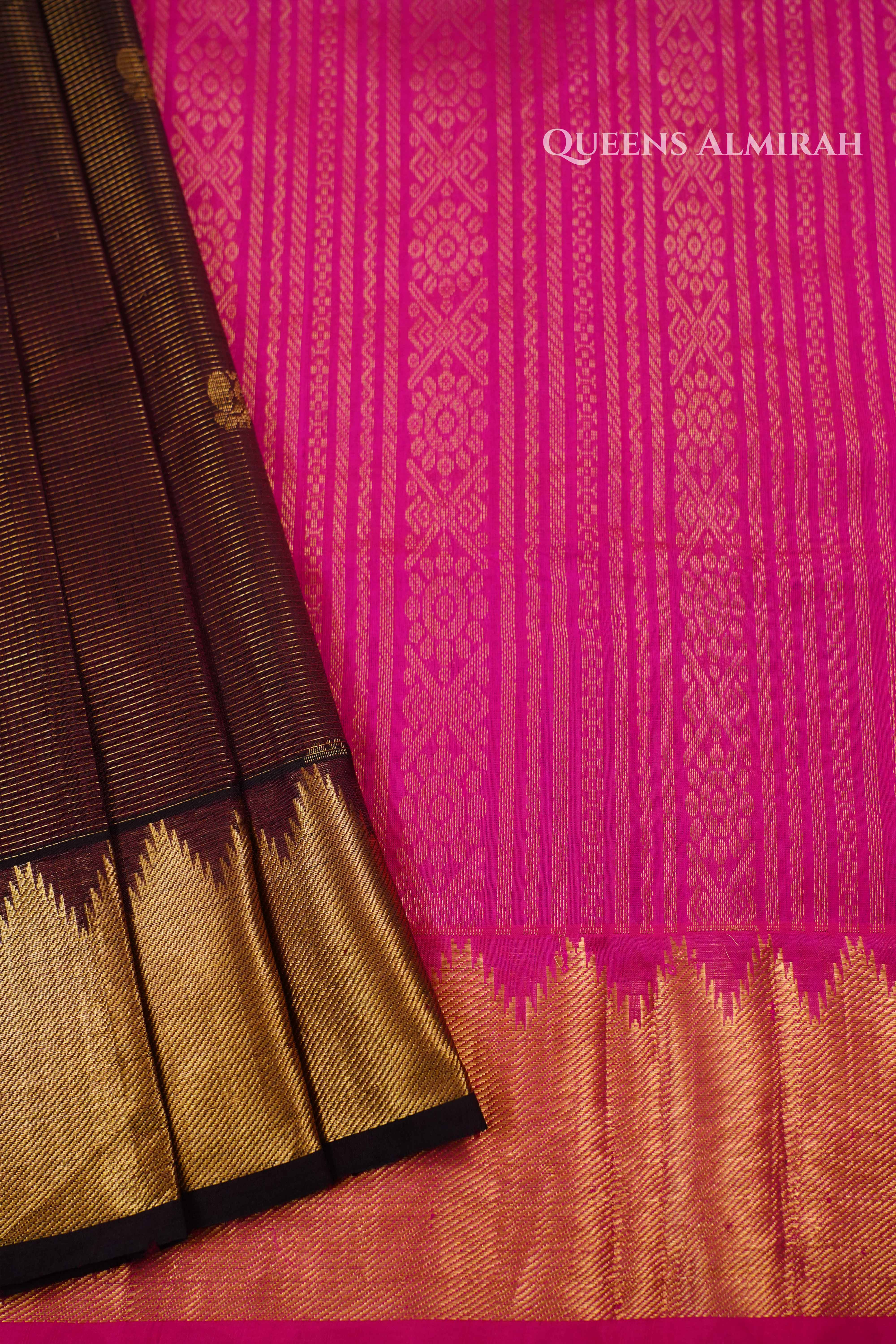Pure Kanchi Silk Cotton-Brown With Magenta Vaira Oosi Saree QUEENS ALMIRAH