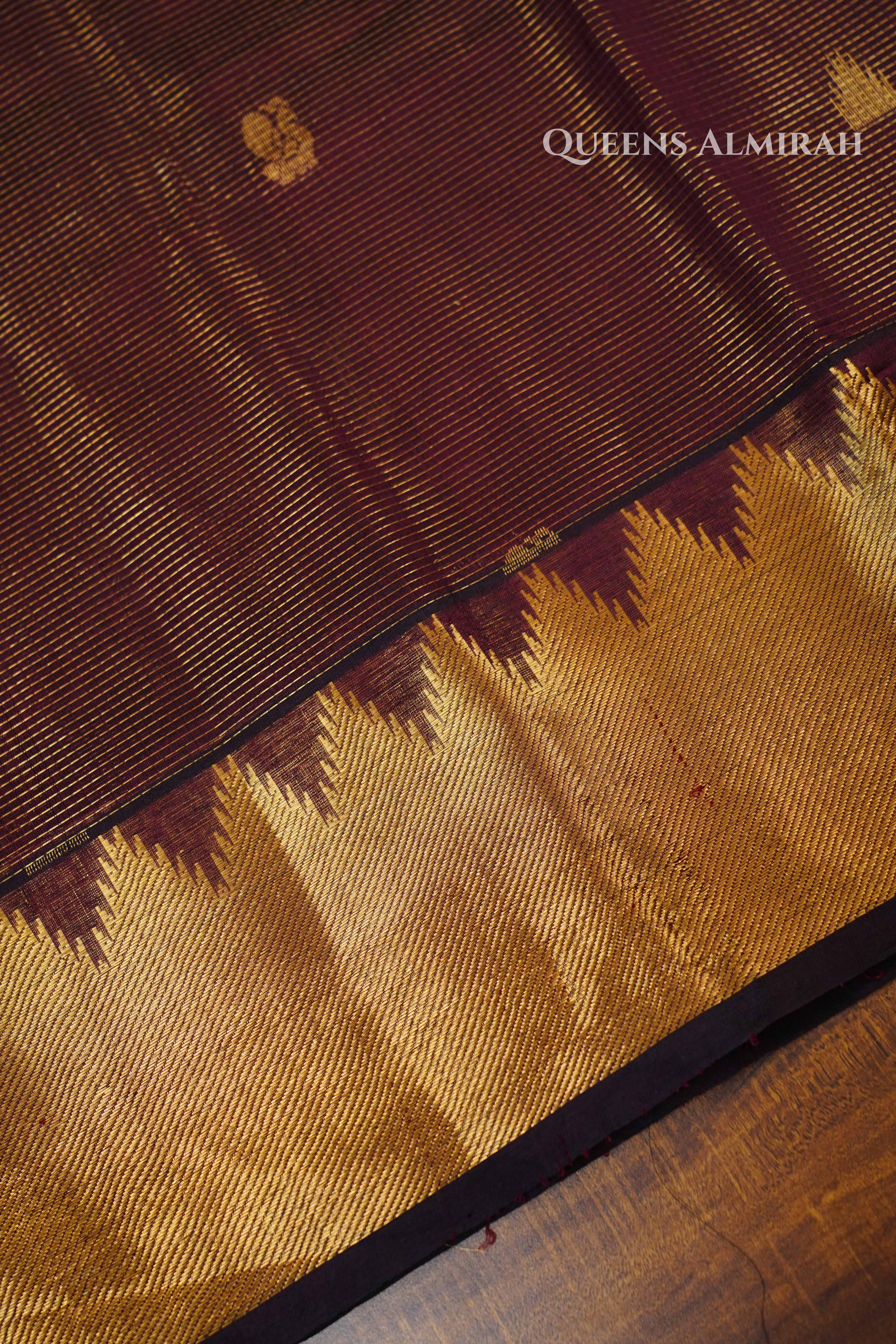 Pure Kanchi Silk Cotton-Brown With Magenta Vaira Oosi Saree QUEENS ALMIRAH
