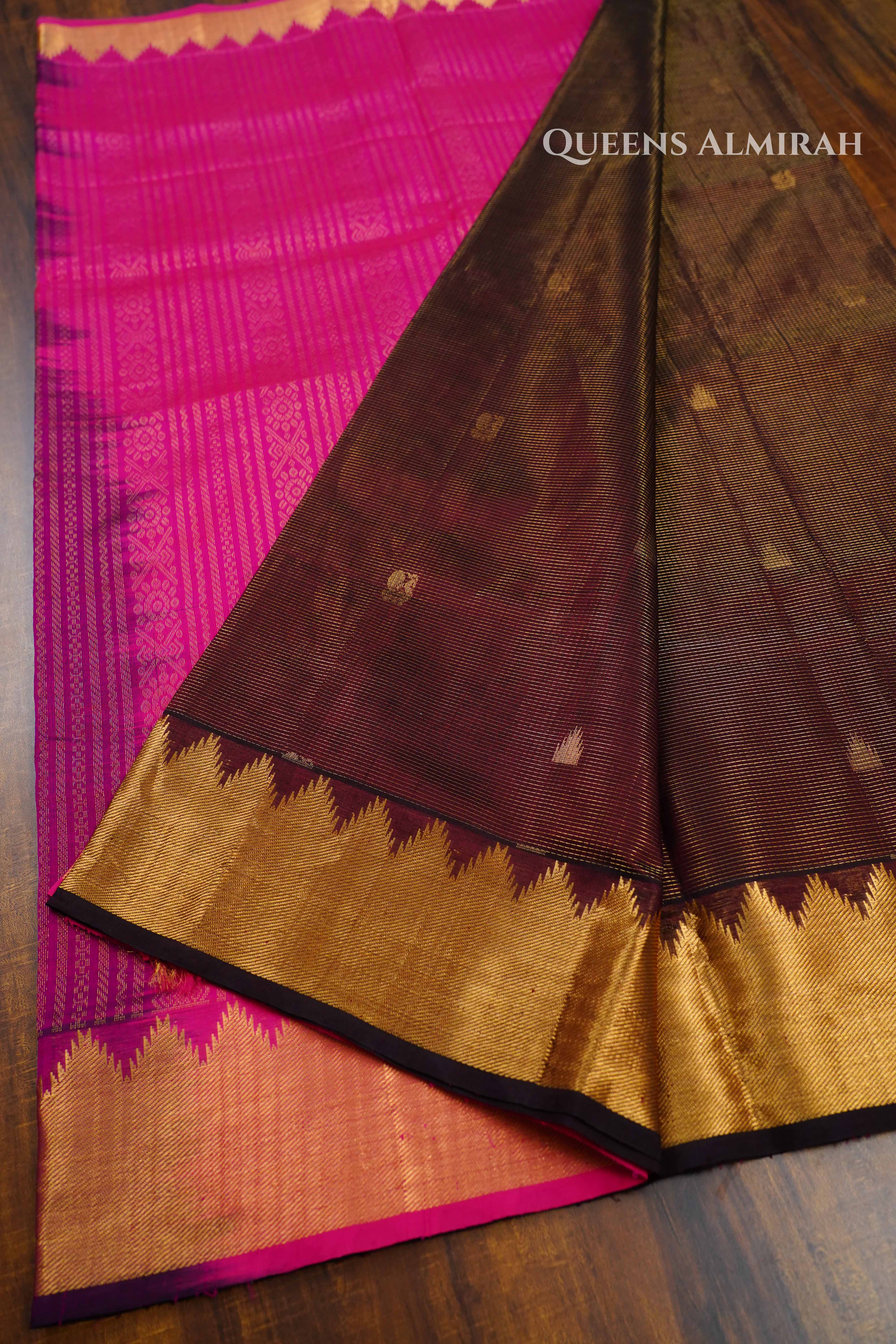 Pure Kanchi Silk Cotton-Brown With Magenta Vaira Oosi Saree QUEENS ALMIRAH