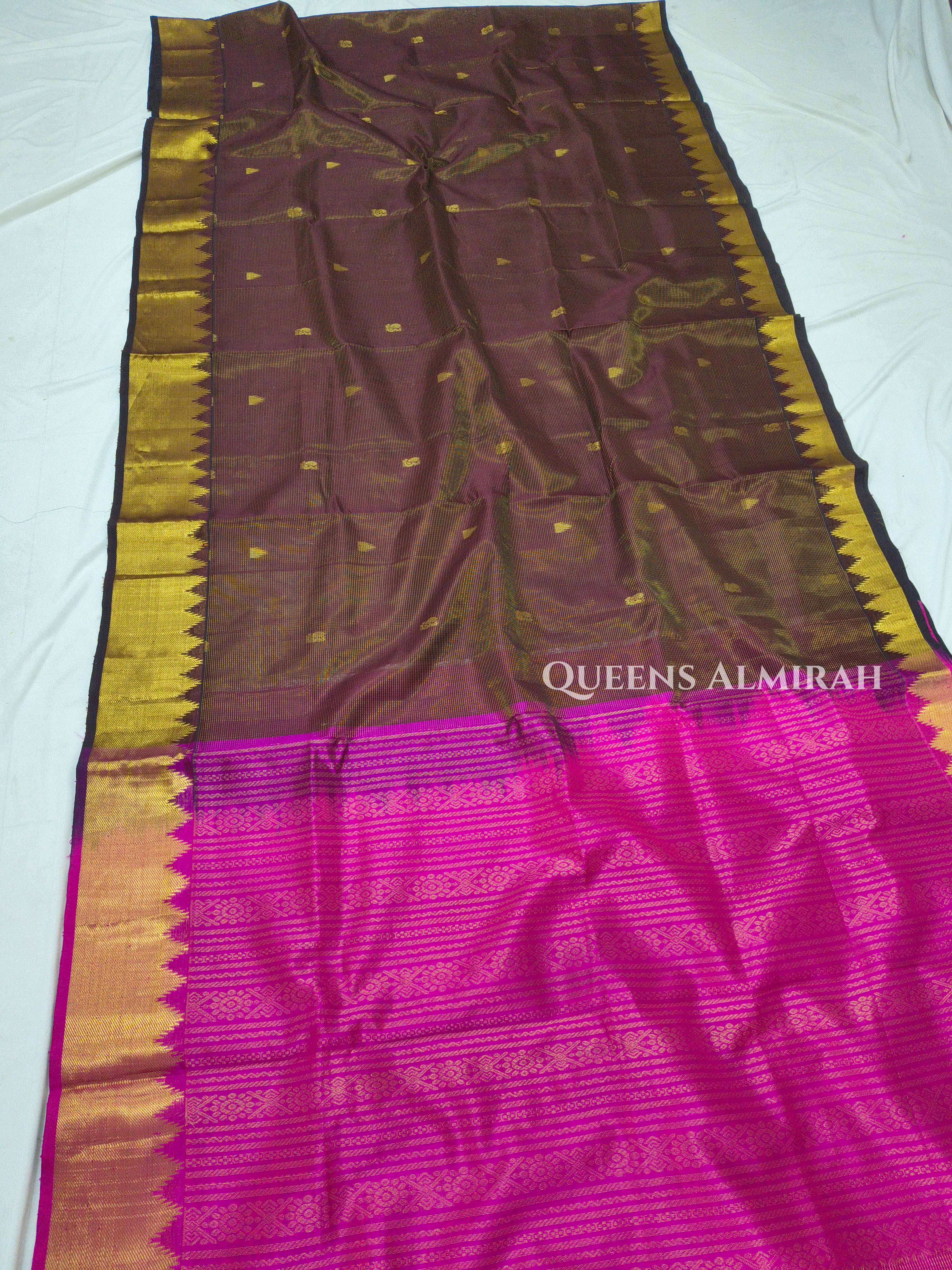 Pure Kanchi Silk Cotton-Brown With Magenta Vaira Oosi Saree QUEENS ALMIRAH