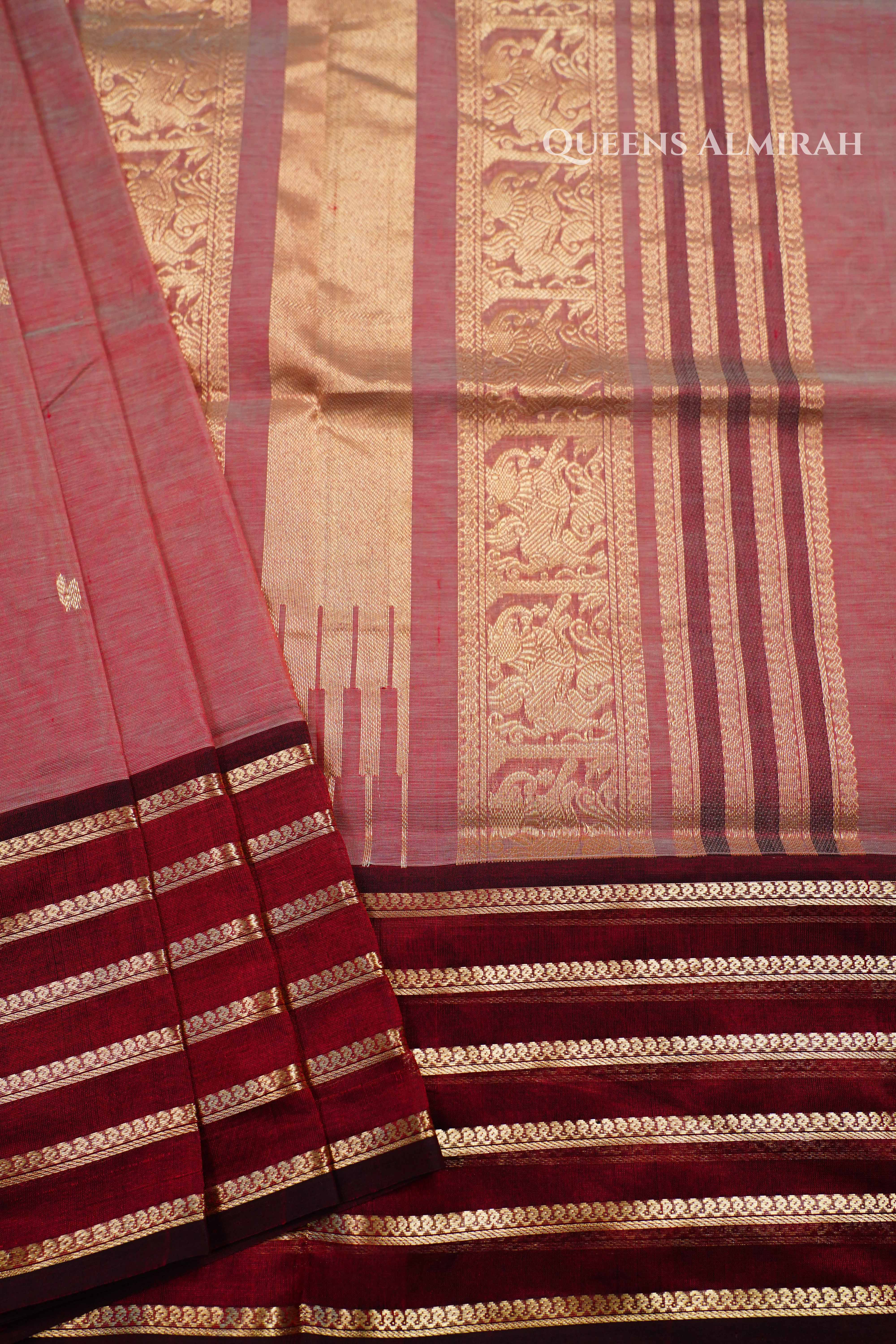 Pure Kanchi Silk Cotton-Chocolate And Peach With Maroon Saree QUEENS ALMIRAH