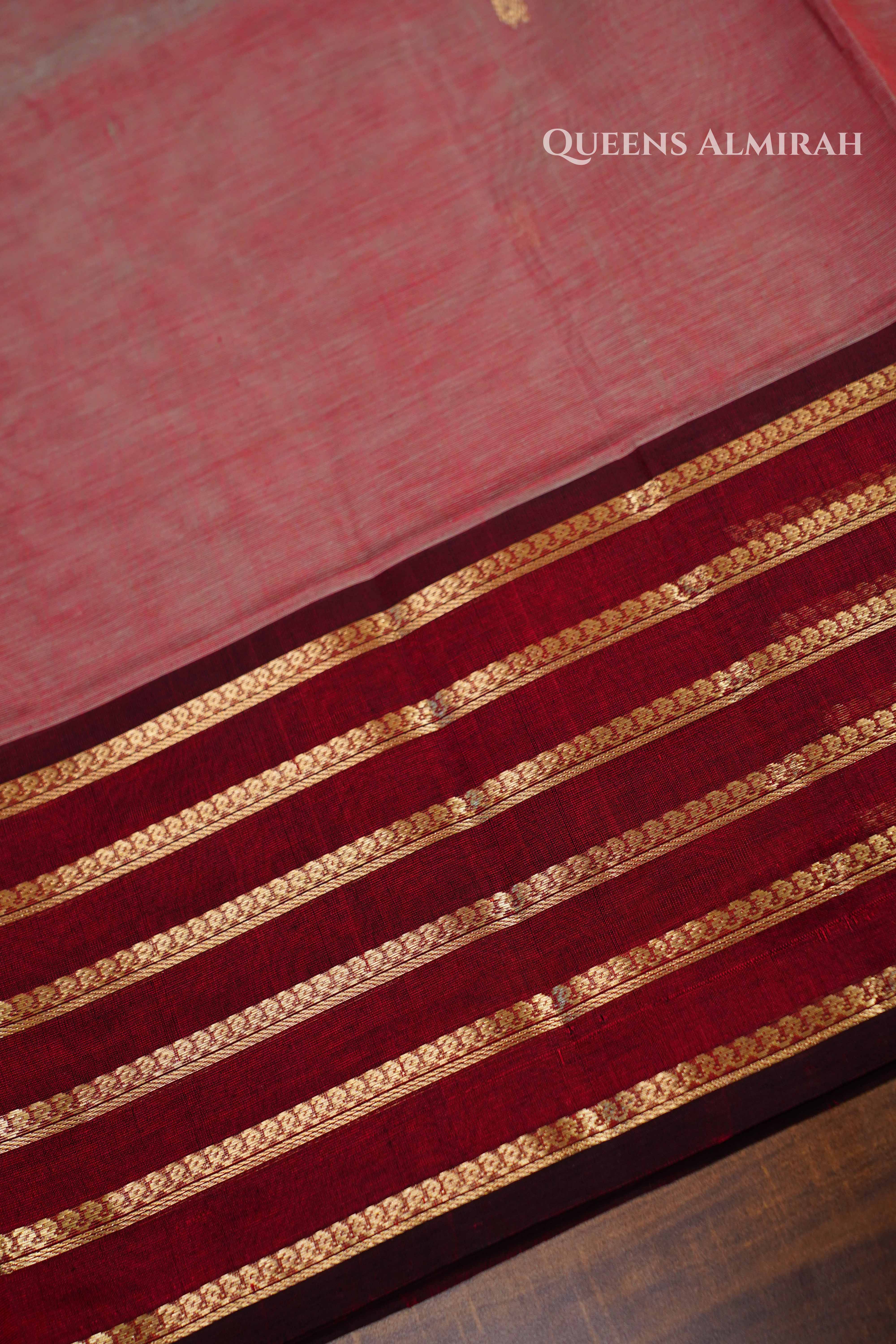 Pure Kanchi Silk Cotton-Chocolate And Peach With Maroon Saree QUEENS ALMIRAH