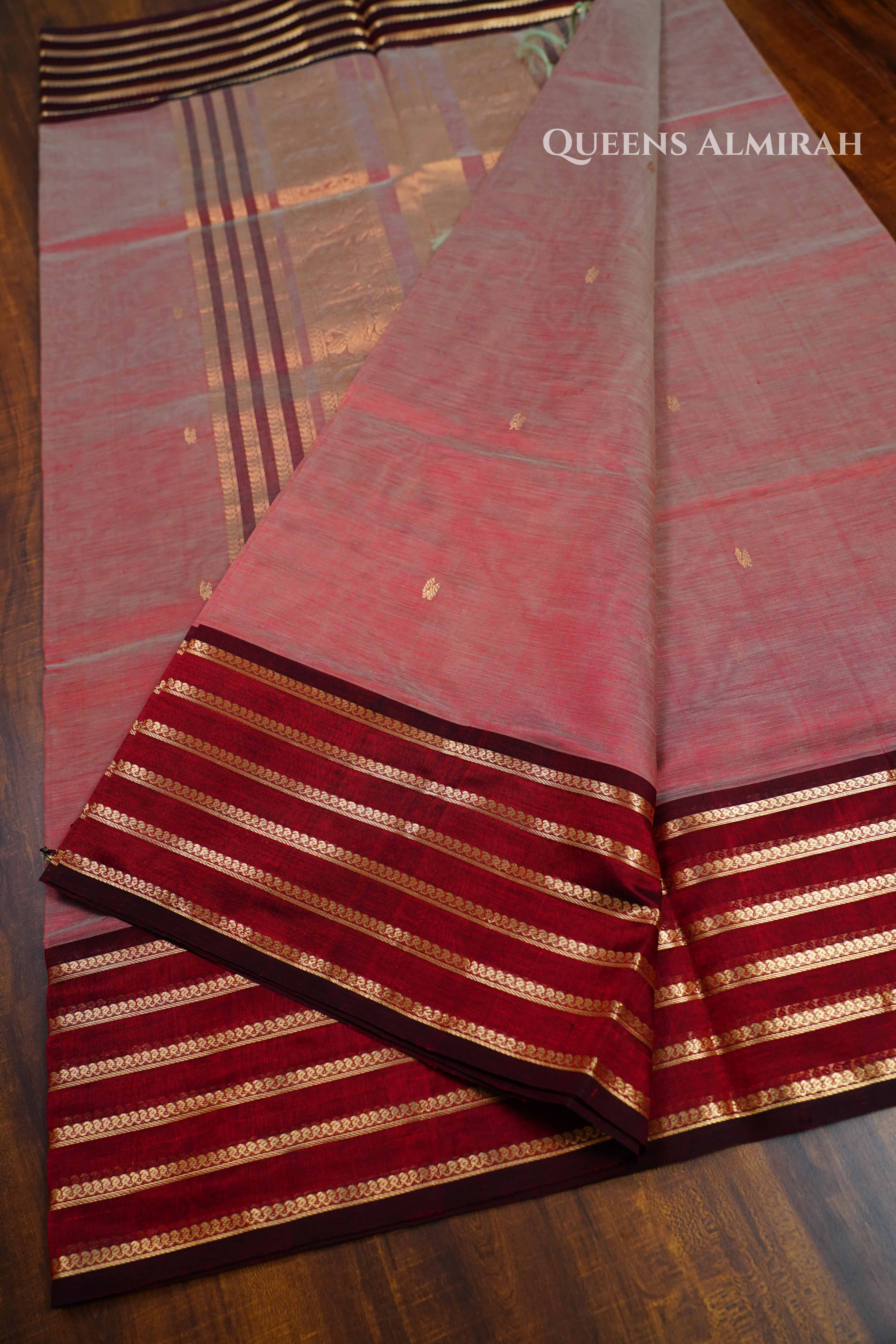 Pure Kanchi Silk Cotton-Chocolate And Peach With Maroon Saree QUEENS ALMIRAH