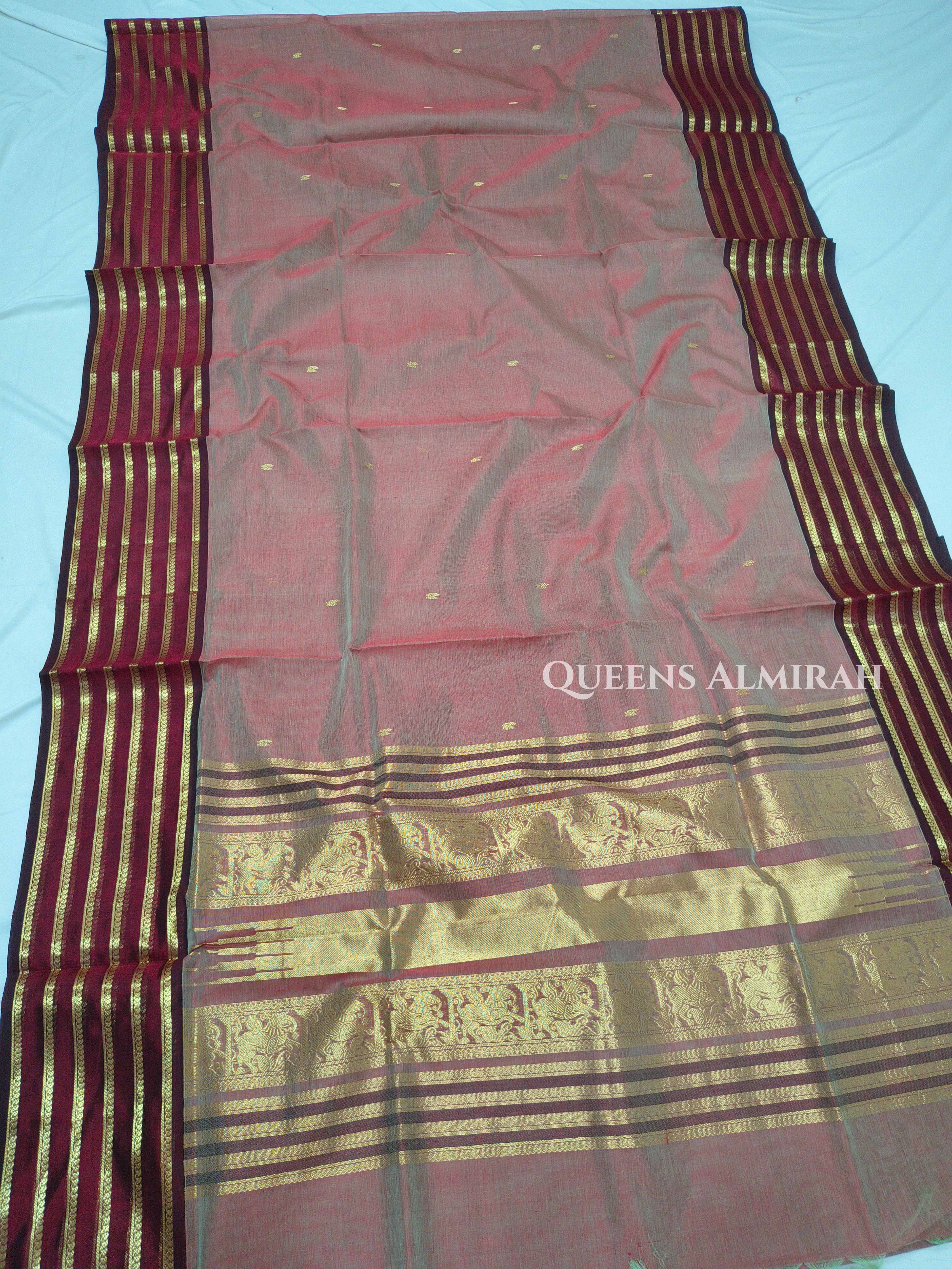 Pure Kanchi Silk Cotton-Chocolate And Peach With Maroon Saree QUEENS ALMIRAH