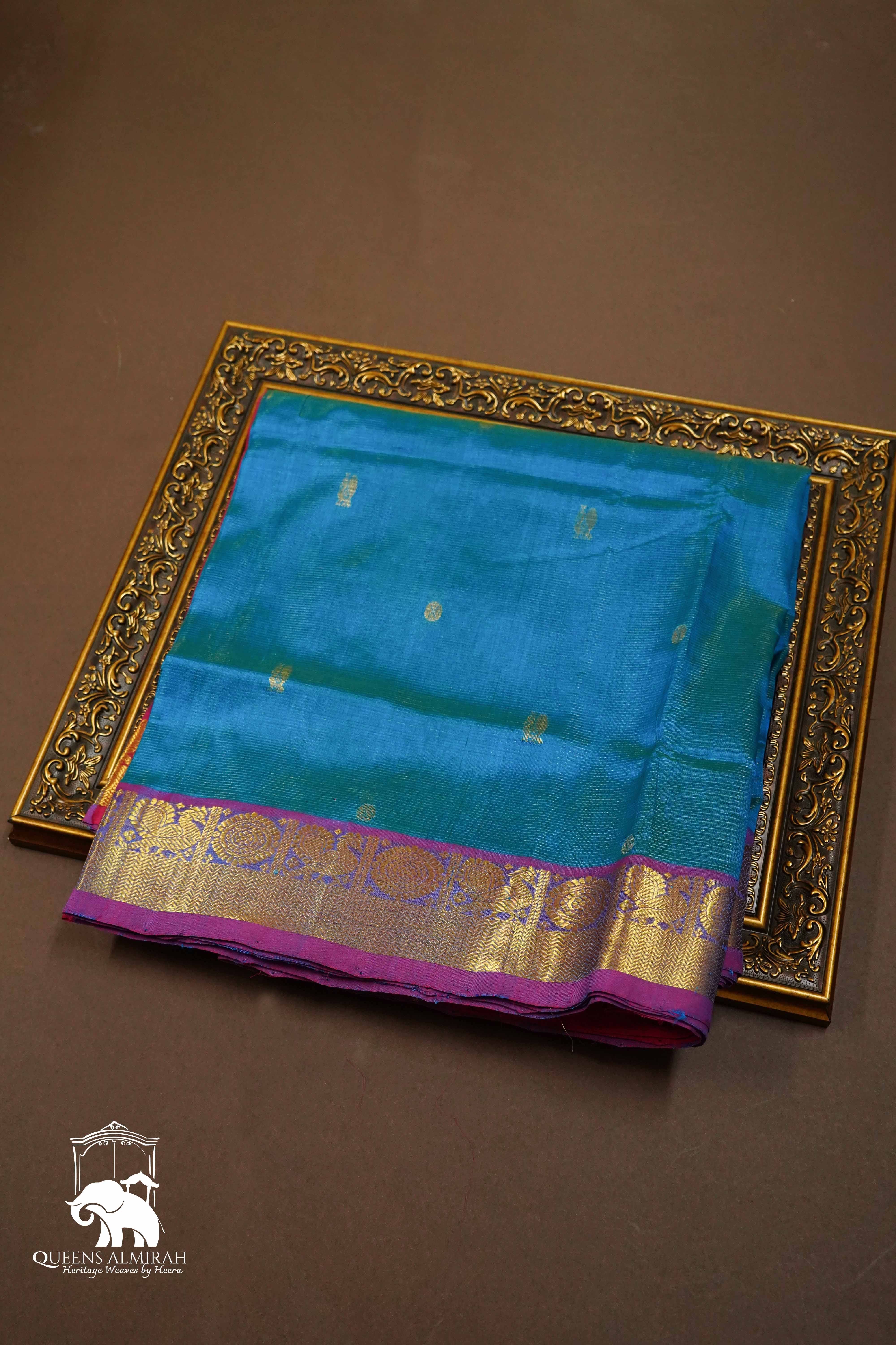 PURE KANCHI SILK COTTON- DARK SKY BLUE WITH PERSIAN RED VAIRA OOSI - Queens Jewel Emporium